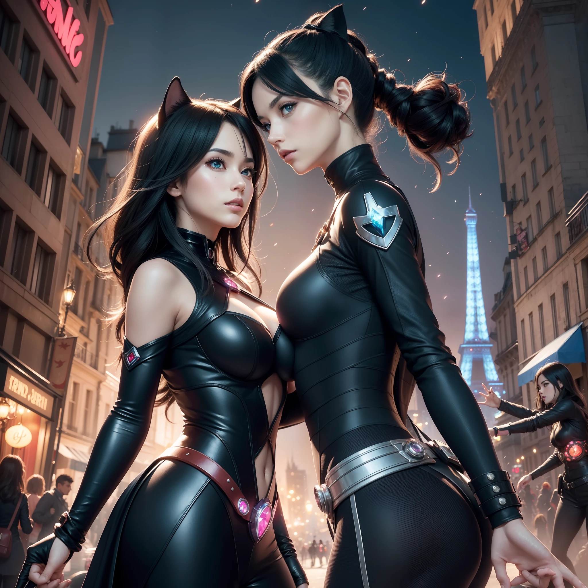 "(best quality,highres:1.2),ultra-detailed,realistic,anime,portraits,colorful,concept artists,beautiful detailed eyes,beautiful detailed lips,extremely detailed eyes and face,longeyelashes,stunning atmosphere,futuristic cityscape,action-packed scene,marinette and adrien,costumed heroes,hidden identities,parisian landmarks,akumatized villains,exciting battles,love and friendship,catchy theme song,ladybug and cat noir,superpowers,precise character design,stylized city,romantic tension,claws out,transformed superhero forms,miraculous crystal symmetry,ladybug-themed accessories,bug-like patterns,compelling storylines,funny and heartfelt moments,colorful magical effects,inspiring and empowering female protagonist,unexpected plot twists,epic climaxes,miraculous bracelet,protecting paris,miraculous box,secret hero society", big breasts, big butts, sexy girls,