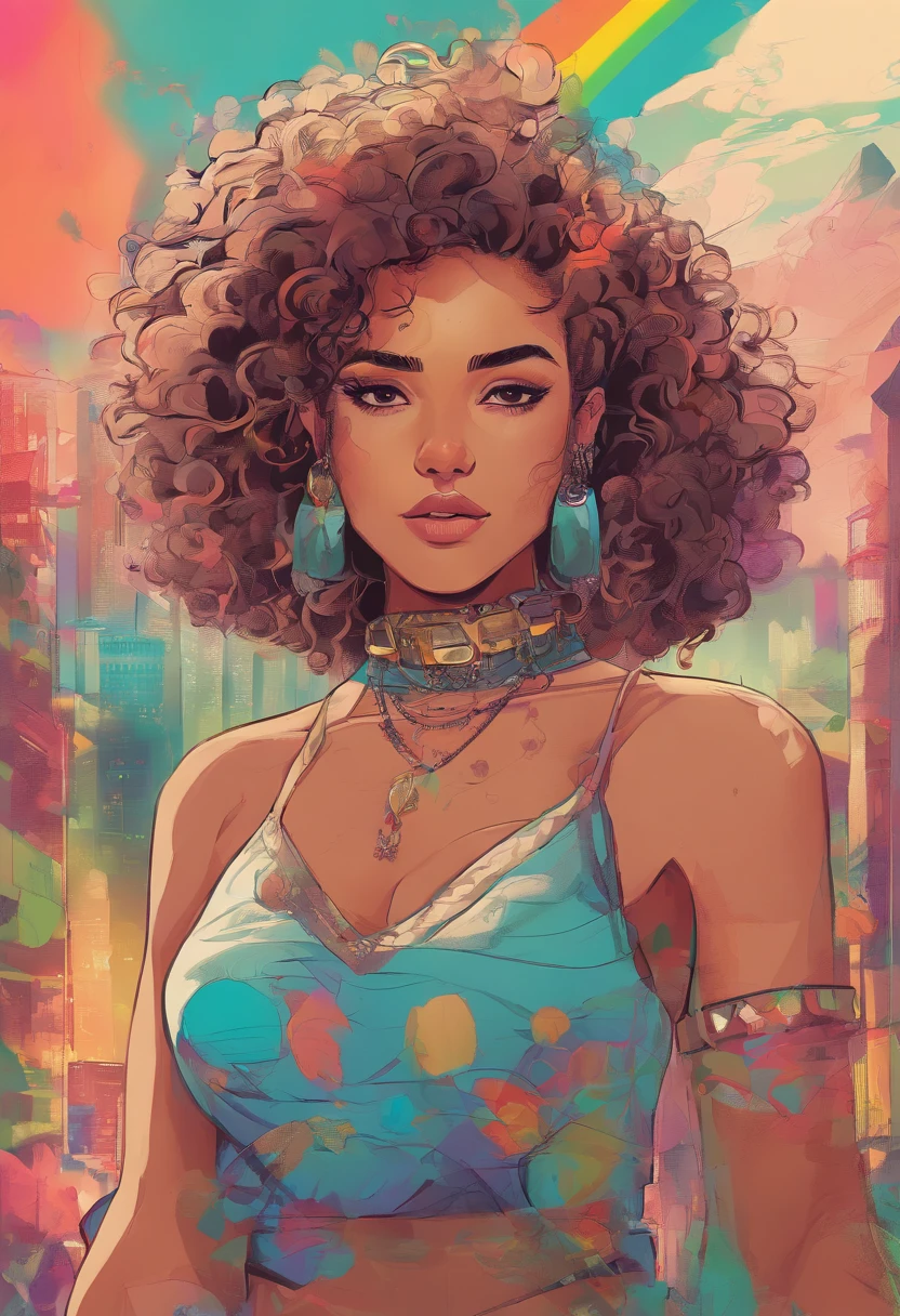 a girl in her 20s with tan skin and curly hair, wearing colorful clothes, has multiple ear piercings, with a rainbow background. The girl's face has a nose piercing. The image has a high quality, with ultra-detailed features and a photorealistic style. The colors are vivid and the lighting is professionally done.