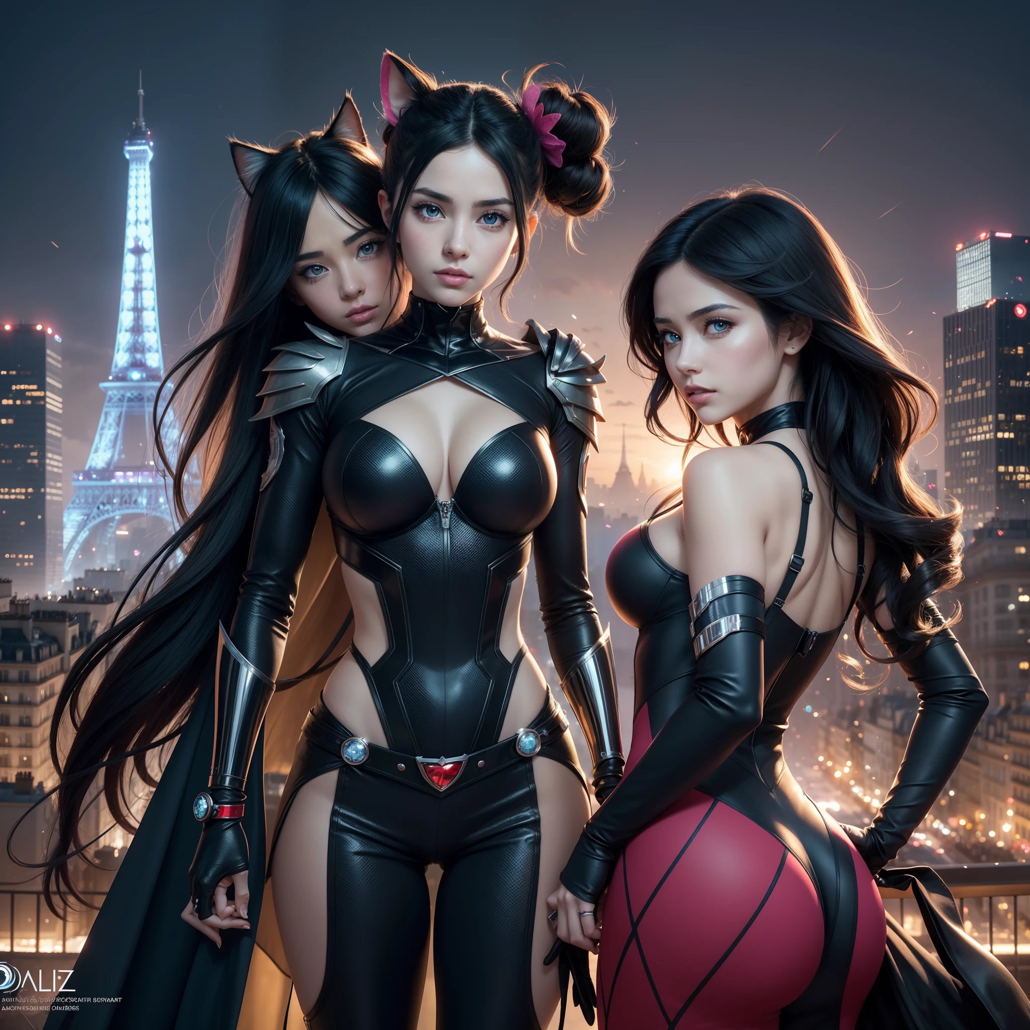 "(best quality,highres:1.2),ultra-detailed,realistic,anime,portraits,colorful,concept artists,beautiful detailed eyes,beautiful detailed lips,extremely detailed eyes and face,longeyelashes,stunning atmosphere,futuristic cityscape,action-packed scene,marinette and adrien,costumed heroes,hidden identities,parisian landmarks,akumatized villains,exciting battles,love and friendship,catchy theme song,ladybug and cat noir,superpowers,precise character design,stylized city,romantic tension,claws out,transformed superhero forms,miraculous crystal symmetry,ladybug-themed accessories,bug-like patterns,compelling storylines,funny and heartfelt moments,colorful magical effects,inspiring and empowering female protagonist,unexpected plot twists,epic climaxes,miraculous bracelet,protecting paris,miraculous box,secret hero society", big breasts, big butts, sexy girls,
