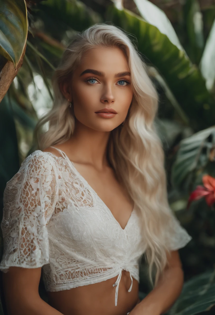 realistic, white, 20 year old, female, instagram influencer, best quality, blonde, 1 girl, blue eyes, tropical