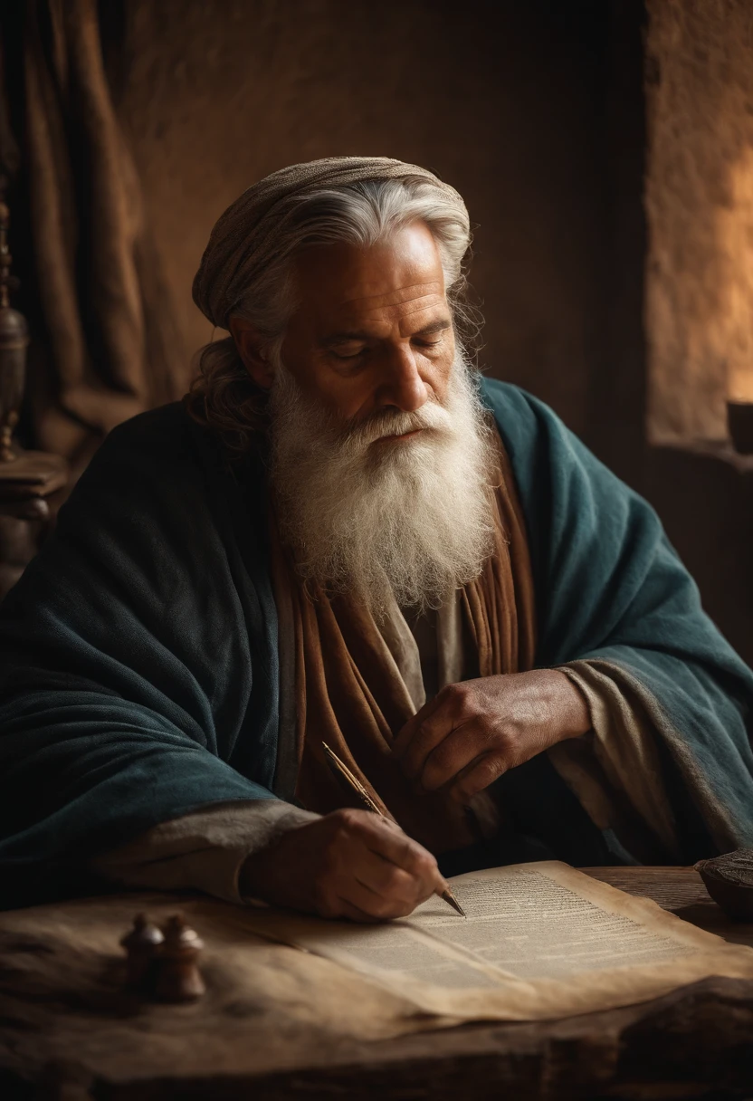 adrão
11:32:17
Develop an ultra-realistic image of an Old Testament prophet in a moment of reflection, Picture him writing a scroll in a rustic setting