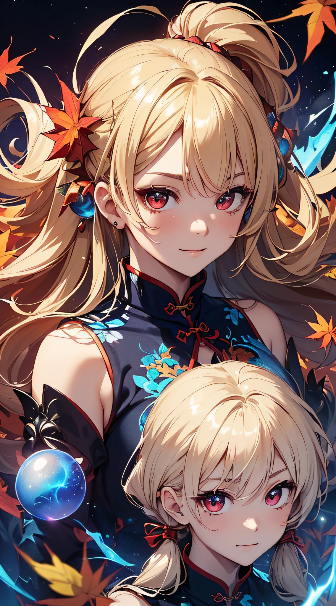top-quality、Top image quality、masterpiece、girl with((18year old、Black and red sexy cheongsam、Best Bust、Bust 90、Blonde twintails、Red Eyes、open chest wide、Valley、Happiness、A slender、ssmile、Blue aura on both arms、Glass Hair Fastening、Reflecting the whole body、fighting poses、drunken fist、battleing、nffsw))hiquality、Beautiful Art、Background with((Autumn leaves at night、Floating blue fireball、Fantastic world、blue flames、Fire Dragon、red aura))、masutepiece、Elaborate design、visualart、