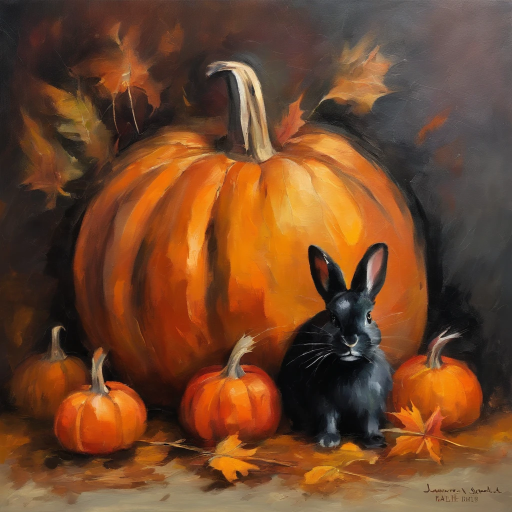 rabbit sitting inside of pumpkin wearing a black witches hat,still life background,fall day,