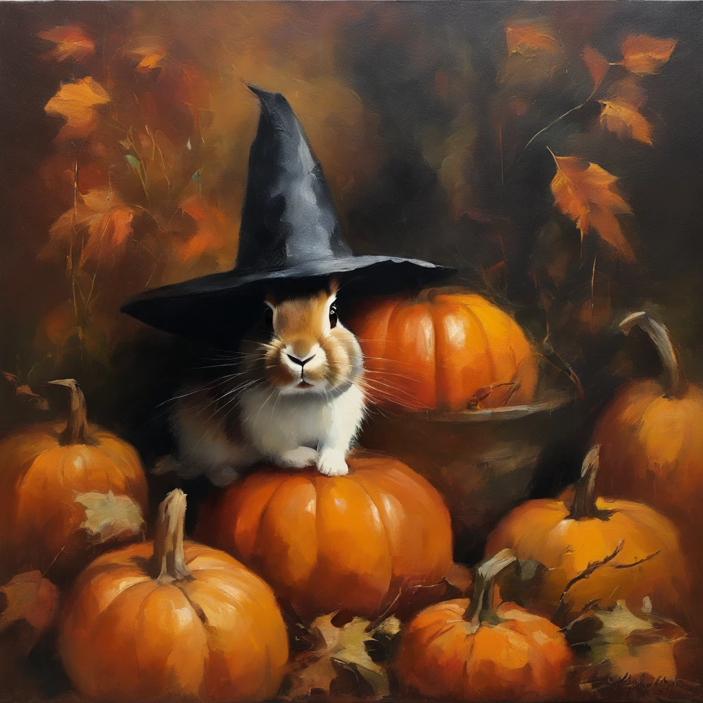 rabbit sitting inside of pumpkin wearing a black witches hat,still life background,fall day,