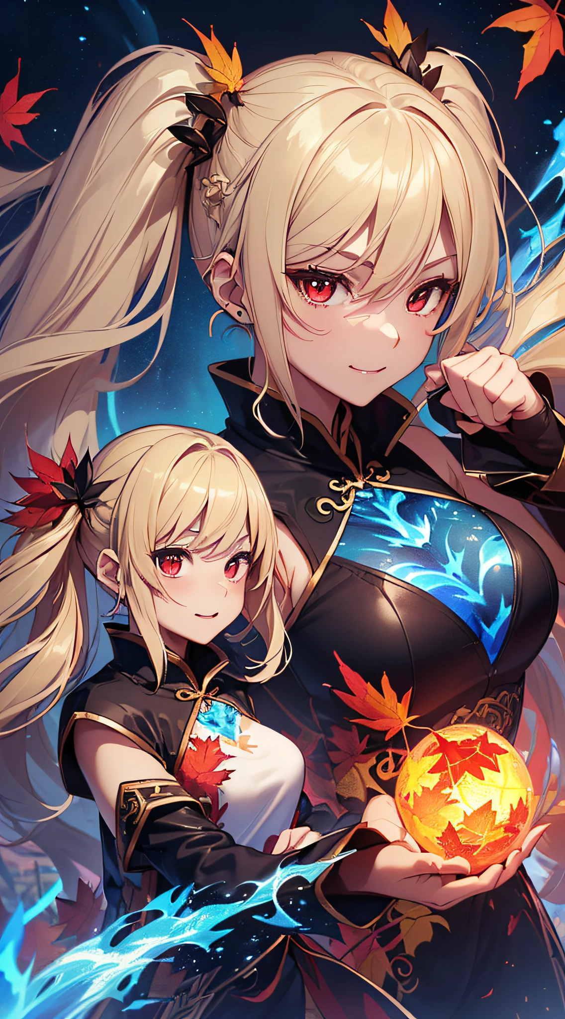 top-quality、Top image quality、masterpiece、girl with((18year old、Black and red sexy cheongsam、Best Bust、Bust 90、Blonde twintails、Red Eyes、open chest wide、Valley、Happiness、A slender、ssmile、Blue aura on both arms、Glass Hair Fastening、Reflecting the whole body、fighting poses、drunken fist、battleing、nffsw))hiquality、Beautiful Art、Background with((Autumn leaves at night、Floating blue fireball、Fantastic world、blue flames、Fire Dragon、red aura))、masutepiece、Elaborate design、visualart、