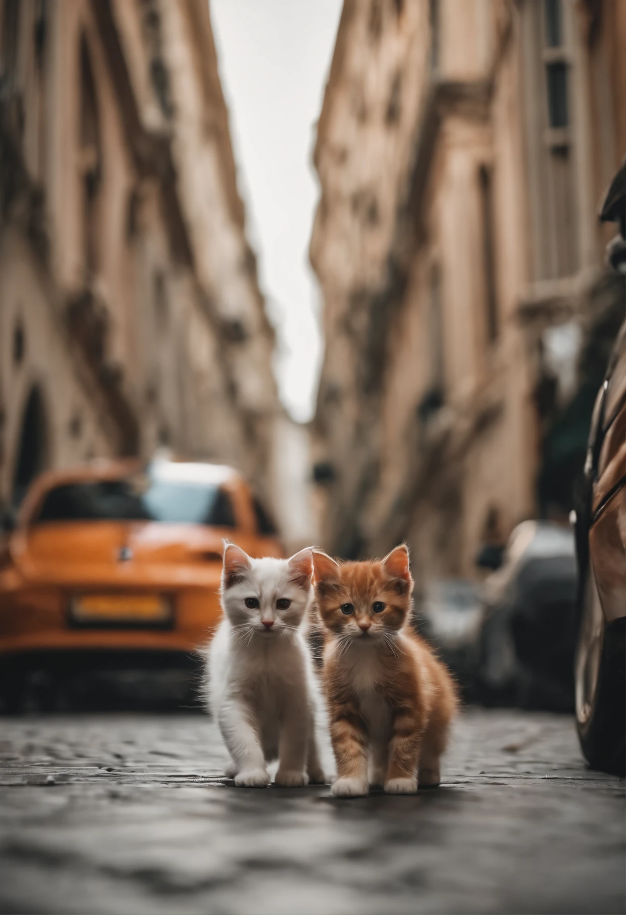 There are two small kittens, cute cats, cute kittens, the cutest, unbelievably cute, adorable and cute, and cute and nice. They are walking down the street with backpacks, walking together, commuting, walking proudly down the street, and the cats are walking. They are cute in the style of 🍂 and 🍁, adorable and cute, cute and adorable, oh, nice and cute. They are known as the real-life Tom and Jerry.