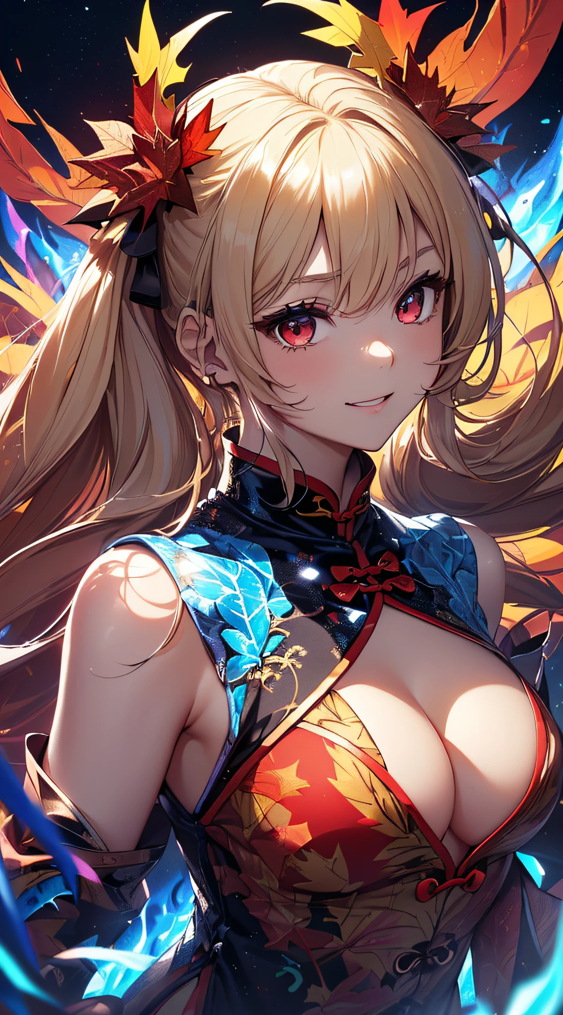 top-quality、Top image quality、​masterpiece、girl with((18year old、Black and red sexy cheongsam、Best Bust、Bust 90、Blonde twintails、Red Eyes、open chest wide、Valley、Happiness、A slender、ssmile、Blue aura on both arms、Glass Hair Fastening、Reflecting the whole body、fighting poses、drunken fist、battleing、nffsw)）hiquality、Beautiful Art、Background with((Autumn leaves at night、Floating blue fireball、Fantastic world、blue flames、Fire Dragon、red aura))、masutepiece、Elaborate design、visualart、