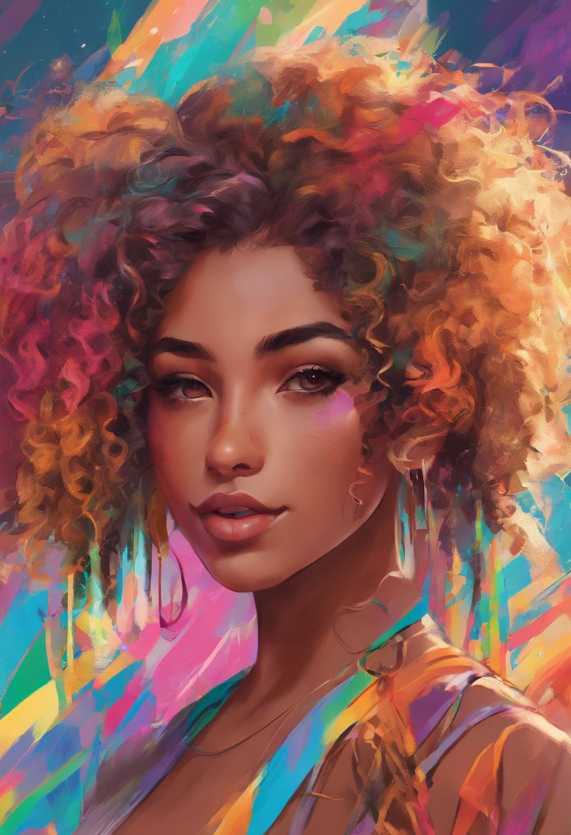a girl in her 20s with tan skin and colourfull curly hair, wearing colorful clothes, has multiple ear piercings, with a rainbow background. The girl's face has a nose piercing. The image has a high quality, with ultra-detailed features and a photorealistic style. The colors are vivid and the lighting is professionally done.