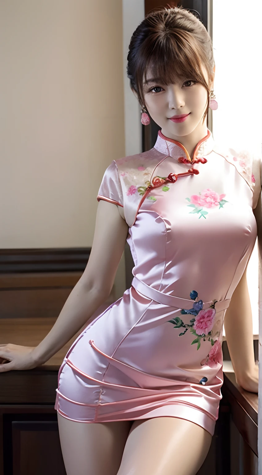 /*Quality writing*/
of the highest quality, 16 K, masutepiece, hyperdetailed face, very detailed lips, Detailed eyes, Realistic pupils,*the pose*/
(Lift the hem of the skirt, Lift the hem of the skirt with both hands、 Lift the hem of the skirt yourself),Silk Panties、 nice hand, Perfect hands
BREAK,
/*Characters and expressions*/
Extremely beautiful girl,poneyTail、Caucasian Asian Girl, 1 girl, Light on Face, (pony-tail hair), ((Very sweet smile)), 
BREAK
/*garments*/
 (((Satin colorful cheongsam))), ((chinese traditional dresses)), qipao dress, Mini skirt dress, White panty, 
BREAK
/*the pose*/
(Lift the hem of the skirt, Lift the hem of the skirt with both hands、 Lift the hem of the skirt yourself),Silk Panties、 nice hand, Perfect hands
break
/*Angular posture*/
Shanghai Street, Cowboy Shot, Looking at Viewer