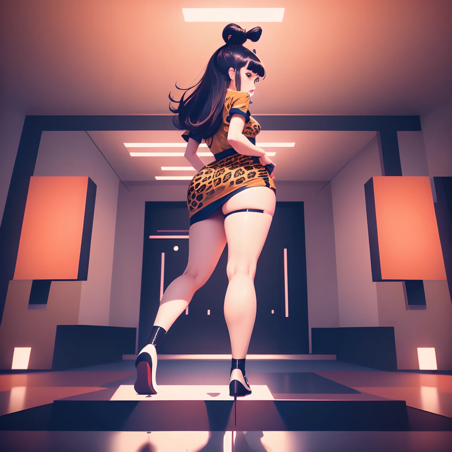 Decisive Pose, Blunt bangs in double hair buns, Looking back, Looking at the camera, Hip close-up shot, fullllbody, 1girll, Leopard print clothes, Short skirt, Brown skin, neon light