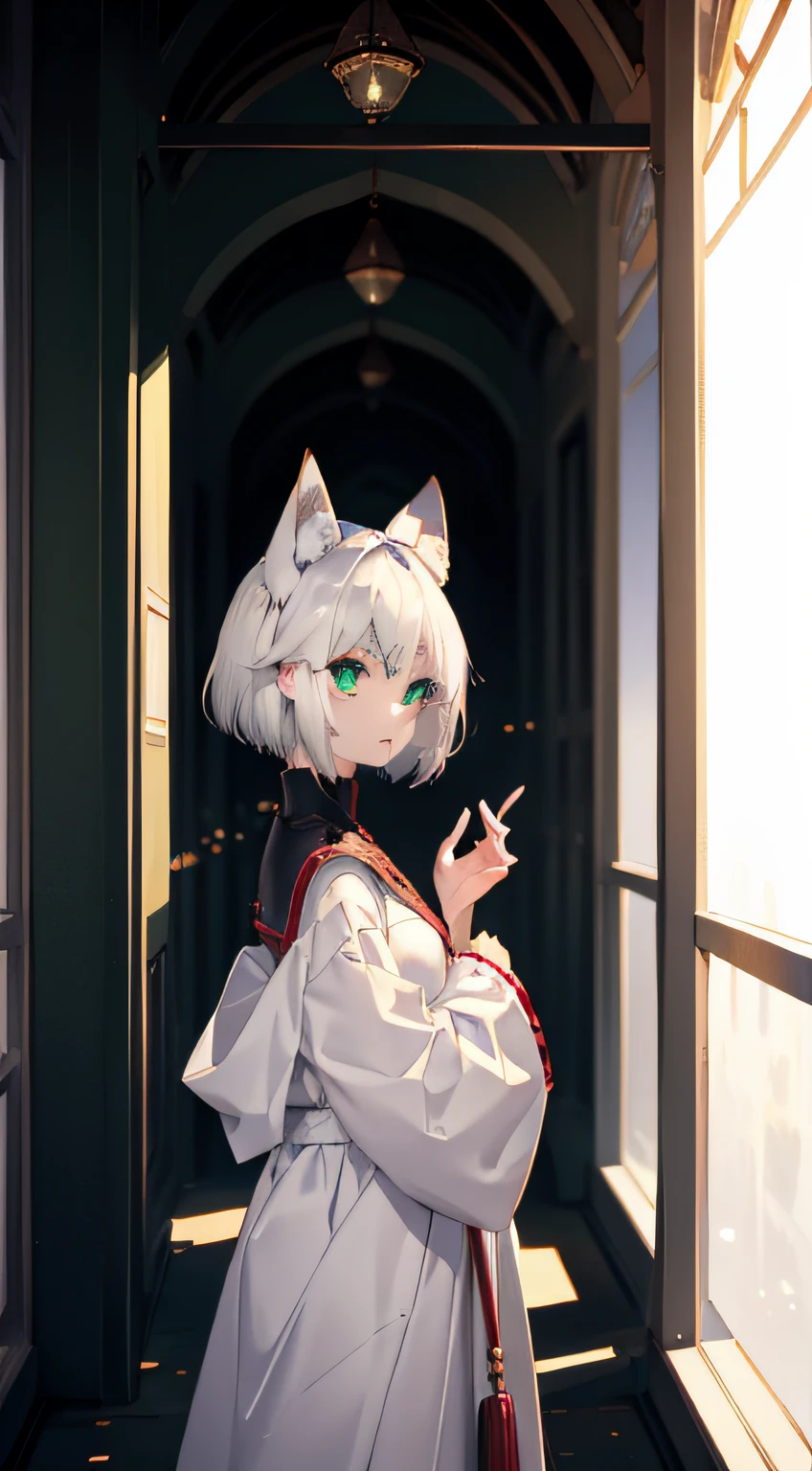 1 person Green eyes Fox ears White hair Short hair Black clothes Standing Camera gaze Lori Night shrine