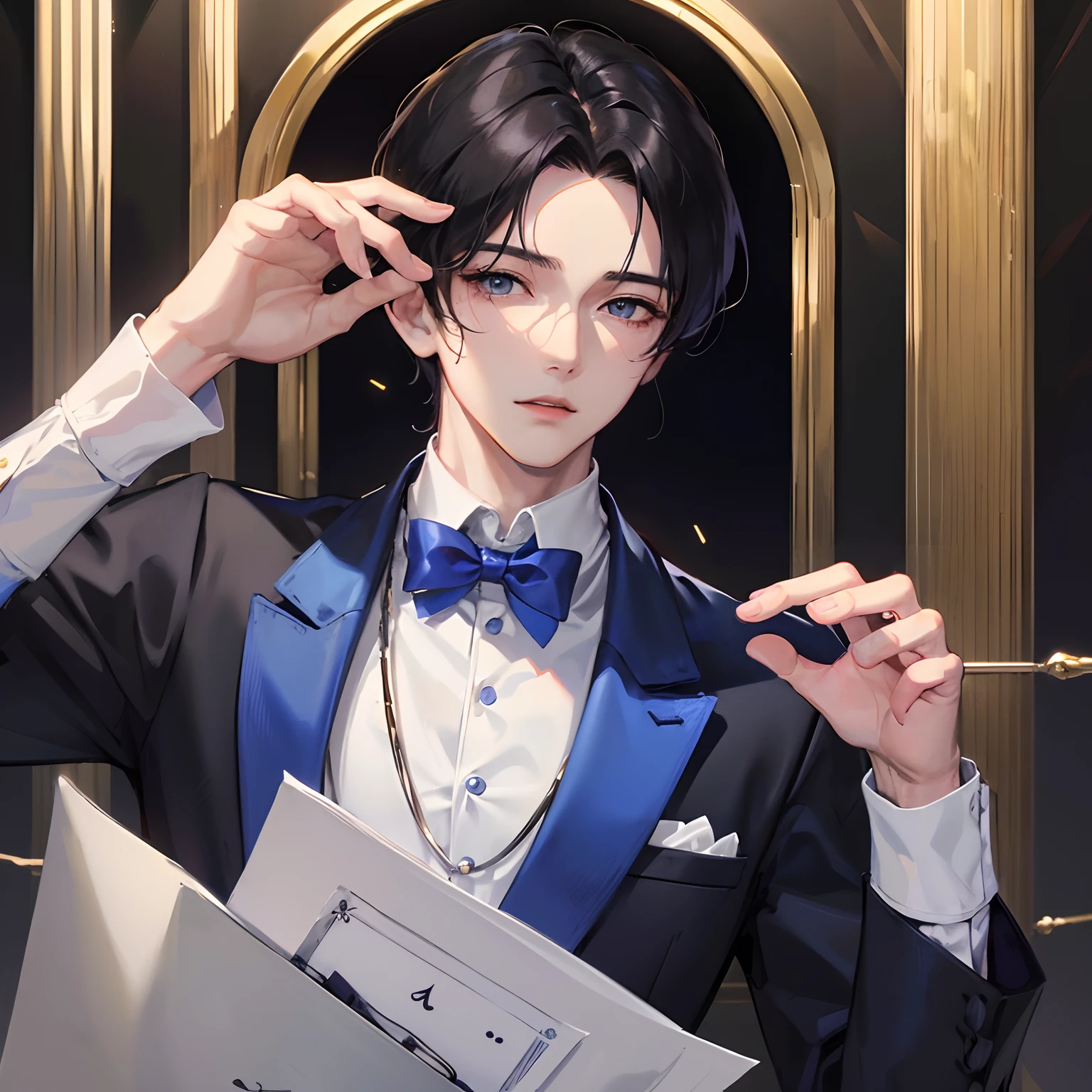 Adonis、Boy with black hair、Straight face、A detailed face、1 boy、Classic、Arrogant man、top grade、Center division、Forehead、Mole、One Man、glamor、Music、noble、nobles、Very beautiful man、Music、Beautiful clothes、blue clothing、Have sheet music