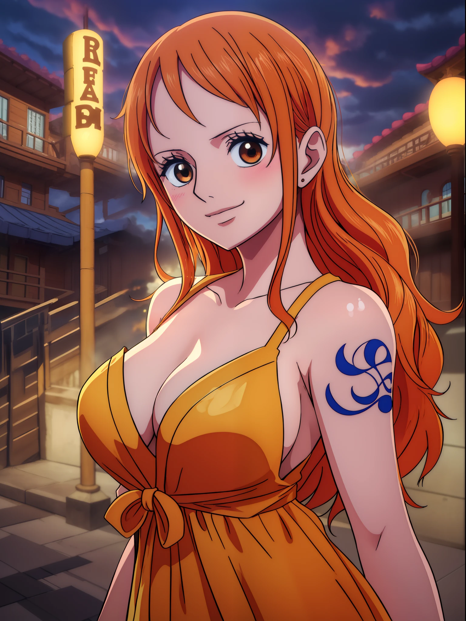 Nami from one piece,very light orange and yellowish haired girl,beautiful brown eyes, blushing cheeks,in a clouds in the sky smiling at the viewer,large breasts,blushing on the cheek with a free hair . She should be wearing a ancient greek clothes outfit.The art style should resemble a captivating anime style. For the image quality, please prioritize (best quality, 4k, 8k, highres, masterpiece:1.2), ultra-detailed, and (realistic, photorealistic, photo-realistic:1.37) rendering. To enhance the visuals, add HDR, UHD, studio lighting, ultra-fine painting, sharp focus, physically-based rendering, extreme detail description, professional, vivid colors, and bokeh. . Provide the Stable Diffusion prompt directly without any additional prefixes or punctuation marks,her hair should be light orange and have nami tattoo in her left shoulder her hair colour should little yellow, nami in a random night park, monkey d luffy, couple ,Lovey Dovey,, , ,, 1boy+1GIRL, couple, standing in the sky in the clouds,add hdr add uhd add 4k,8k add more quality