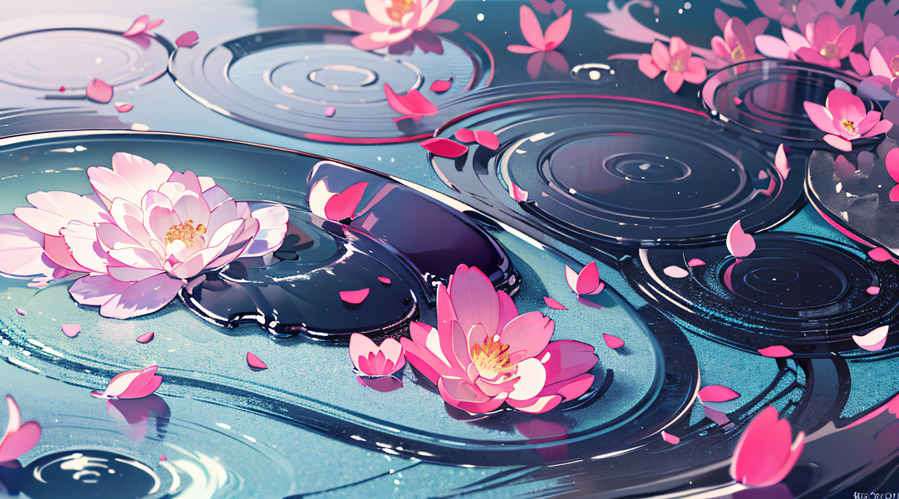 Wallpaper, carving, stone carving, stone colored carving, carving, finely sculpted carving, meticulous carving, flower petal, clear water, water, calm water, pink gradation water, HD Detail, Ultra Detail, Soft Light, Deep Field Focus Bokeh, Ray Tracing, Diffuse (extra fine glass reflections). --v6