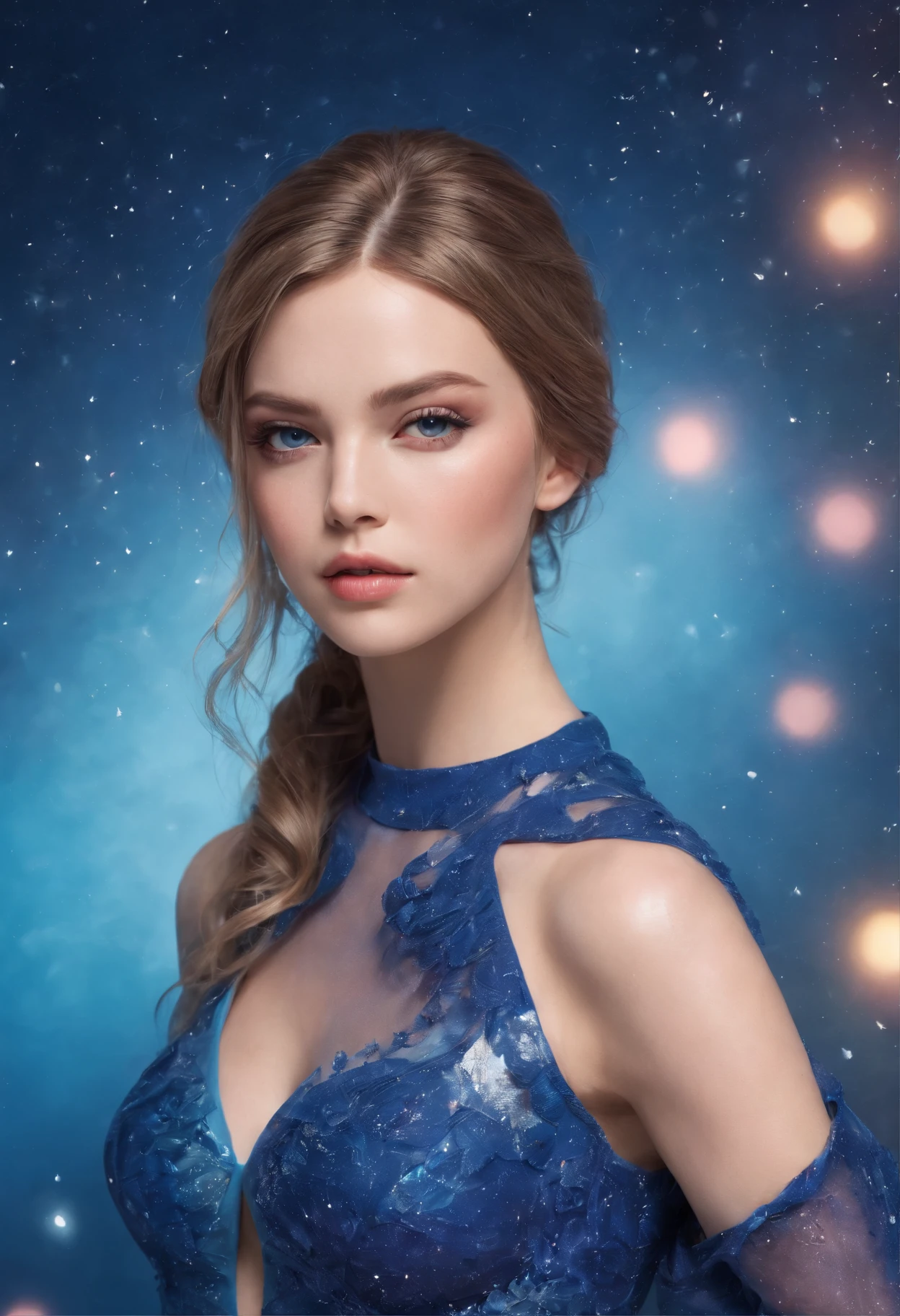 (Best quality,4K,8K,A high resolution,Masterpiece:1.2),Ultra-detailed,(Realistic,Photorealistic,photo-realistic:1.37),(fashion show photo),Carmen del Orefice,(Supermodel figure),(Wearing blue),Stars and oceans,rich girls,Gorgeous,(Sea of stars background)Long shot,Photographic texture,in fashion style,Studio lighting,Vivid colors,Sharp focus,professional,Bokeh.