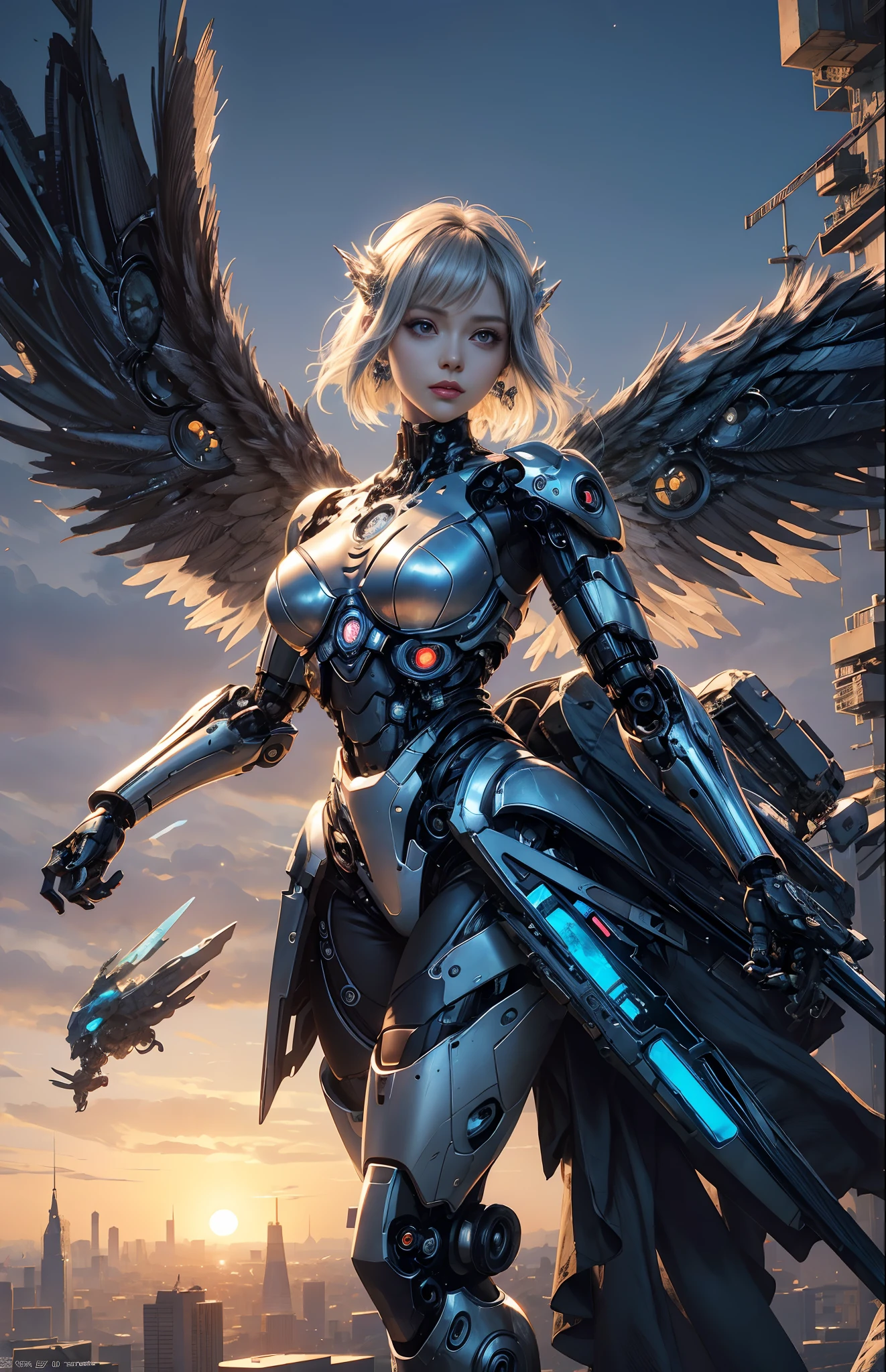 (Best Quality)), ((Masterpiece)), (Very Detailed: 1.3), 3D, master chef-mecha, Beautiful cyberpunk woman wearing crown, with master chef style armor, sci-fi technology, HDR (High Dynamic Range), ray tracing, nvidia RTX, super resolution, unreal 5, subsurface scattering, PBR texture, post-processing, anisotropic filtering, depth of field, maximum sharpness and sharpness, multi-layer texture, Specular and albedo mapping, surface shading, accurate simulation of light-material interactions, perfect proportions, octane rendering, duotone lighting, low ISO, red balance, rule of thirds, wide aperture, 8K RAW, high efficiency subpixels, subpixel convolution, light particles, light scattering, Tyndall effect, very sexy, full body, battle pose, silver hair with braids, (gracefully spreads its wings:1.3), (swirling flames:1.4), (glowing ashes:1.3), (eyes glow with ancient wisdom:1.5), (mystical realm:1.3), (sense of enchantment and mystique:1.4), (focus on phoenix's ethereal presence:1.3), (highly detailed), (sharp focus), (photorealistic).(best quality,4k,8k,highres,masterpiece:1.2),ultra-detailed, HDR, 8k, absurdres, cinestill 800, sharp focus, add_detail:2, (solo, woman)
