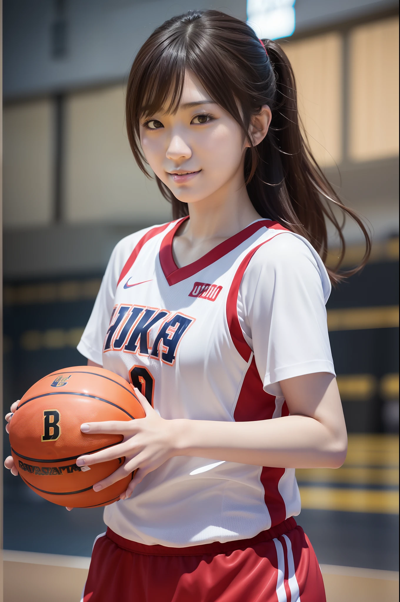 Asian woman in basketball uniform, wearing basketball jersey, white backgrounid, wearing nba jersey, cowboy  shot, longshot, Refreshing young Japan woman, 17 age,Cute gravure idol, full-body xianxia, model is wearing techtical vest, Smile, nffsw, masutepiece, awardwinning, 8K, Best Quality, Smile refreshingly, Haruka Ayase, assist々Kiki, Kana Hashimoto, Anatomically correct, awardwinning, nffsw, masutepiece, 8K