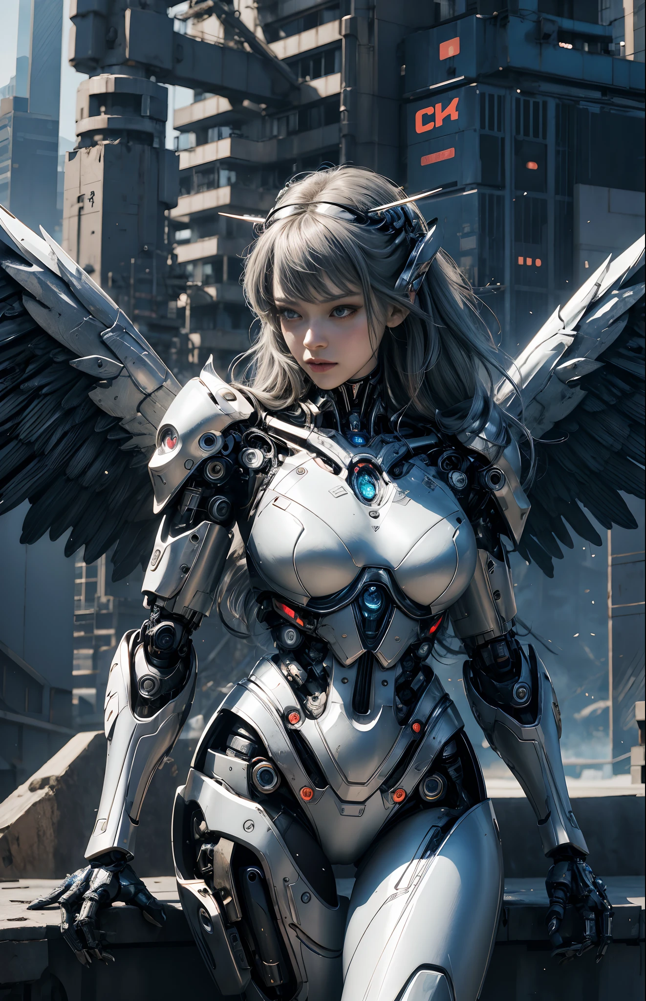 best quality, cyborg angel, large breasts, armor, wings, spear, rooftop, city skyline