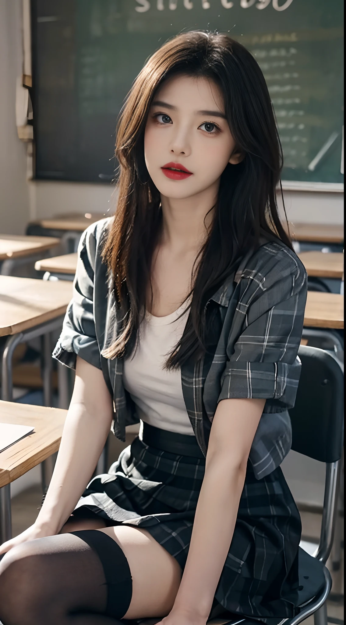 best qualityer,Highest high resolution,one-girl,pupils,Exquisite facial features,largeeyes,long eyelasher,Hydrated red lips,Blushlush,Grim expression,long and flowing hair,Student uniform(White top short-sleeved shirt,Black plaid jacket, Dark blue pleated skirt,Superskirt,Black round-toe shoes),Exquisite facial features,perfect body figure,in class room,Sit in front of the blackboard,sit on chair, Black stockings are particularly eye-catching,中景 the scene is,Great for students,Doing,Doing,Ultra-close-up,Close-up of people,solo person,Solo