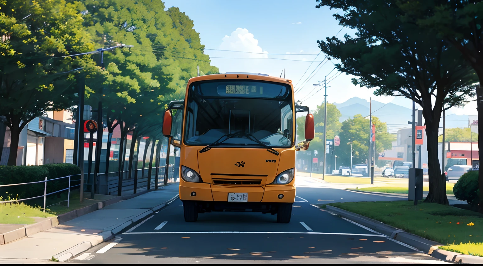 anime style bus, in main road, camera shot from behind left, bus moving, sunny day, from behind, shot from behind, far away shot