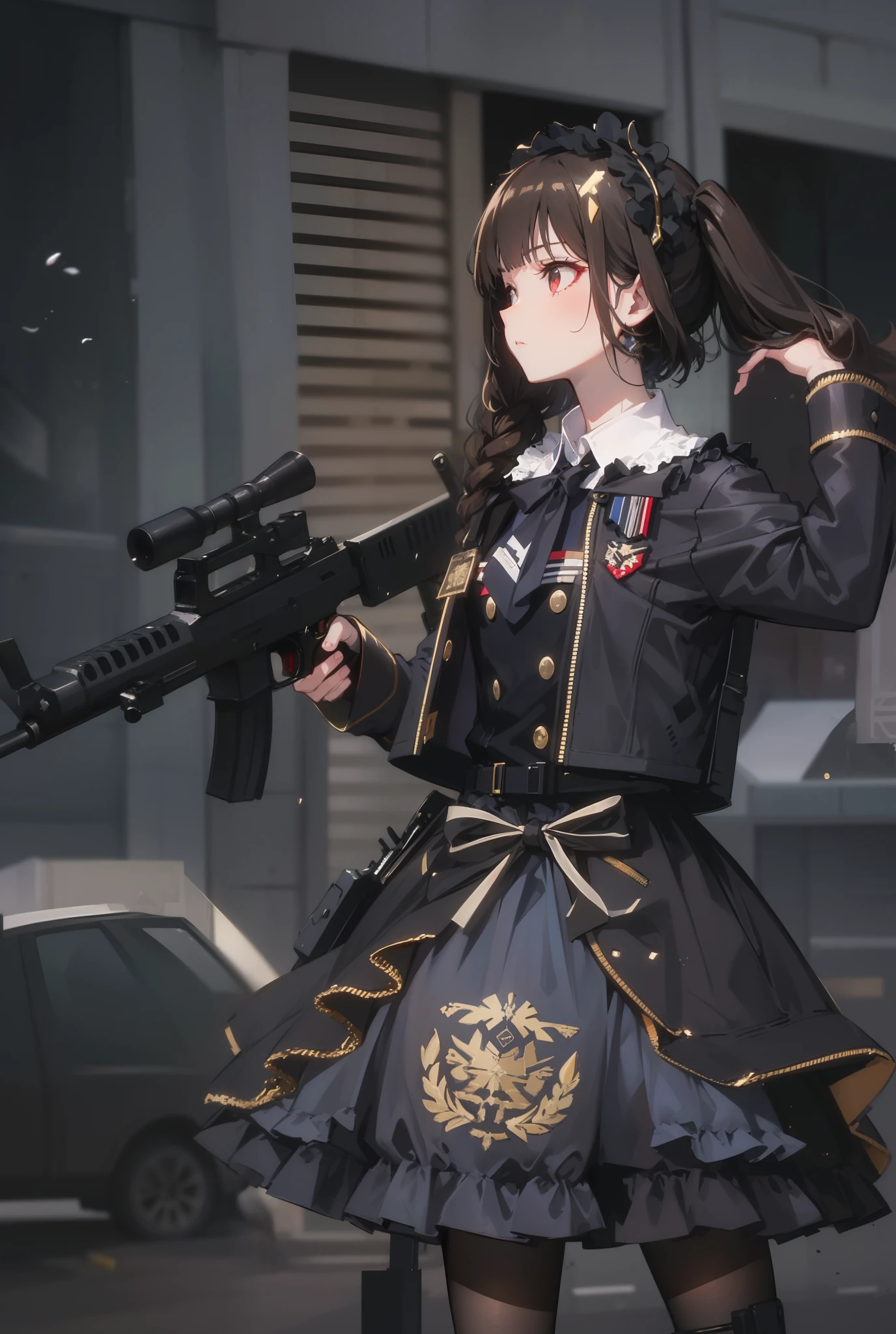 there is a woman in a uniform holding a gun, brown hair, m4 sopmod ii girls frontline, girls frontline style, anime girl cosplay, mechanized soldier girl, gilded black uniform, ornate cosplay, anime cosplay, cosplay, jk uniform, professional cosplay, fine details. girls frontline, anime maid  ss military, from girls frontline, black armored uniform