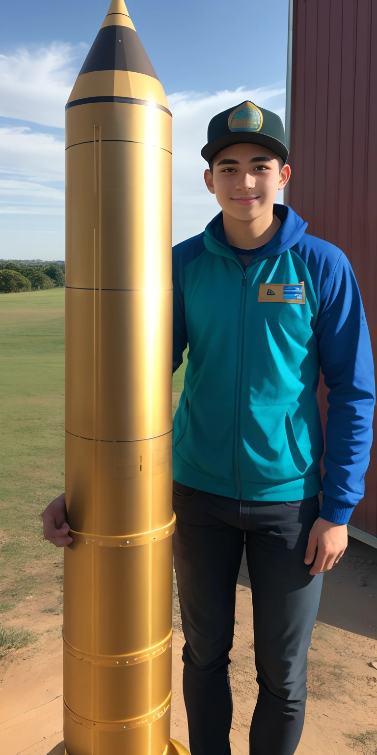 a man around 20 years old, next to a rocket made of brass and cardboard