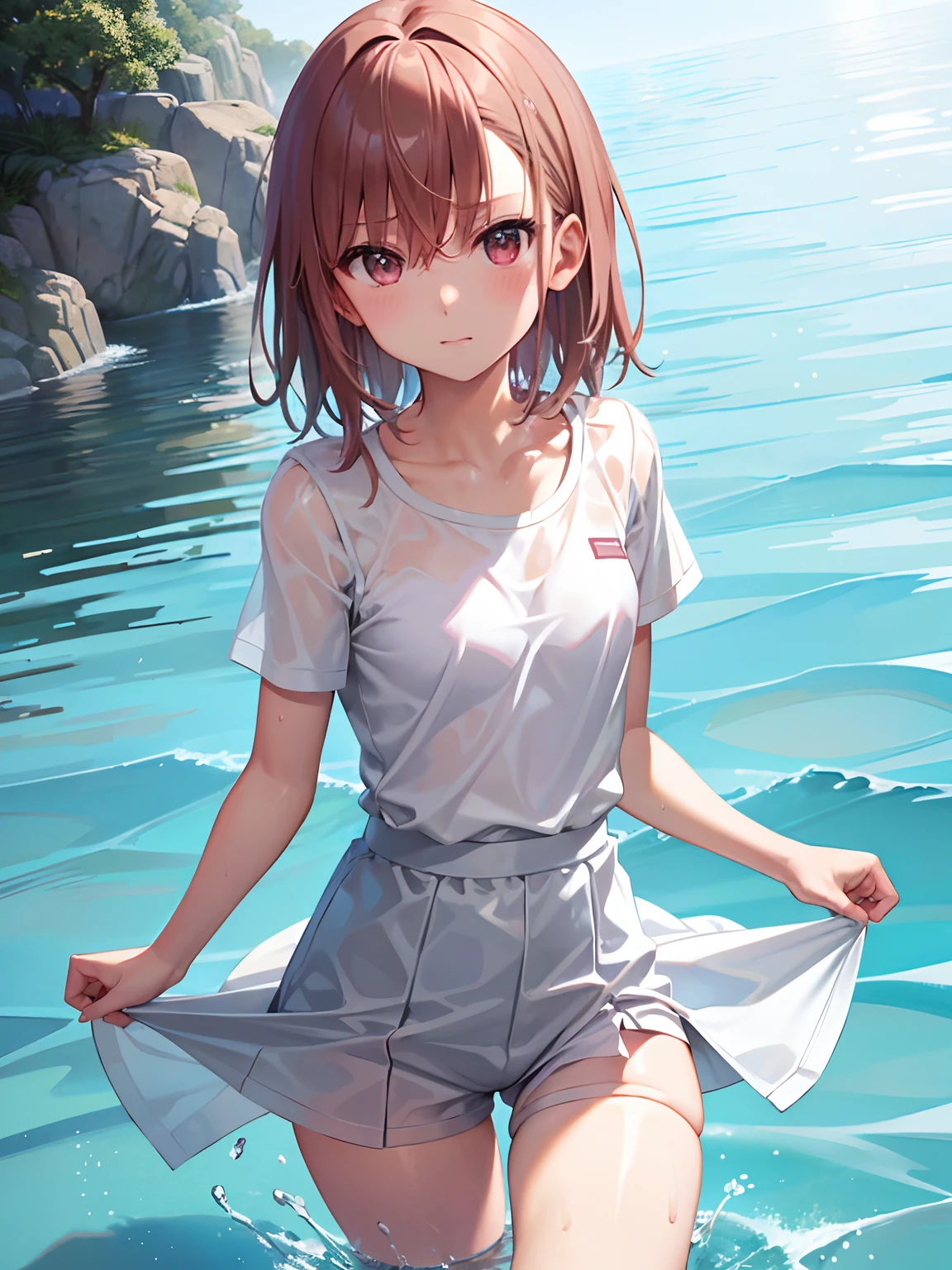 Misaka Mikoto，small tits，skinny limbs，opening legs，Lori，swim wears，校服，It's wet with water，White shorts