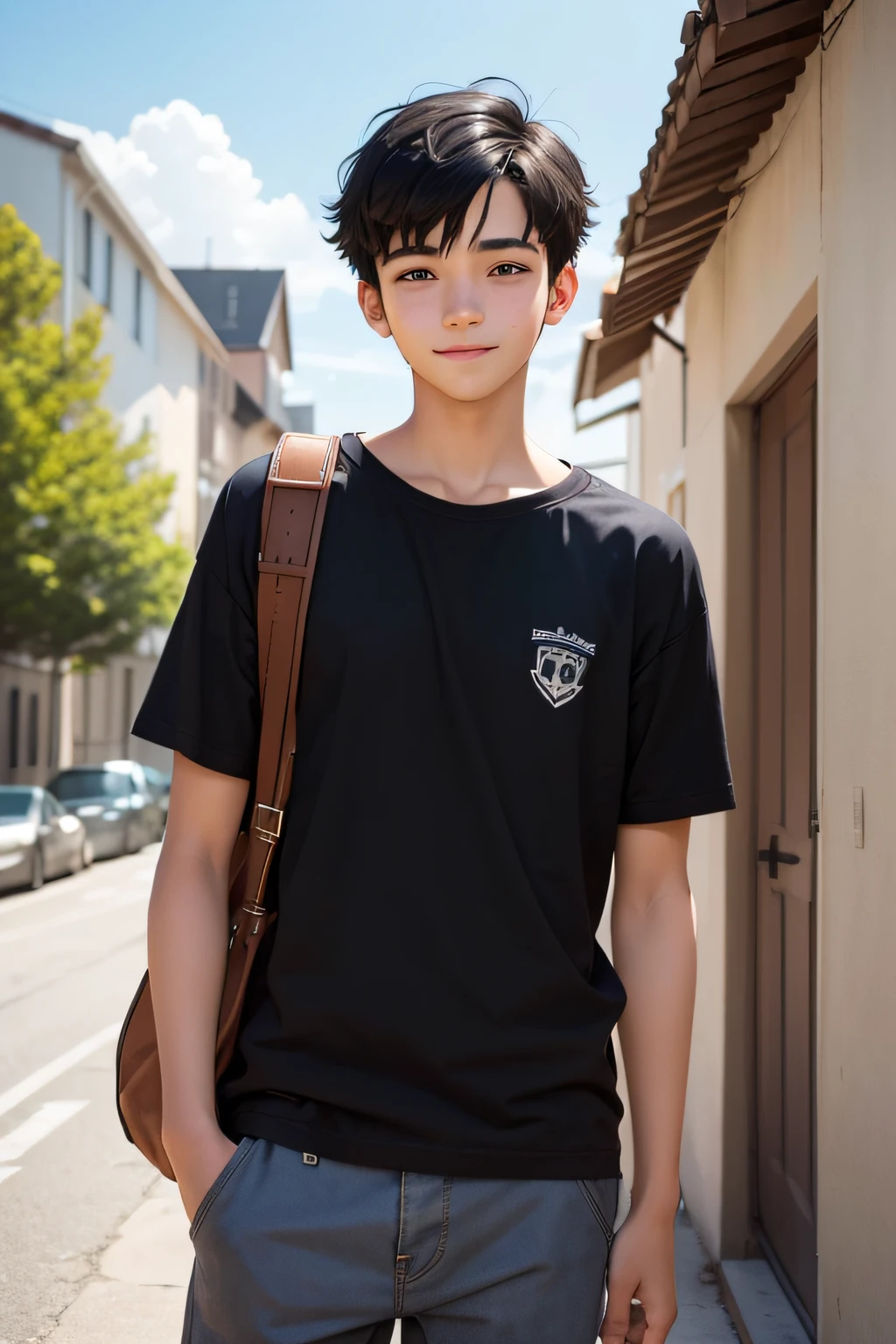 image of a 16 year old boy, with a curious expression, in an open and sunny environment, black hair, short hair, smile