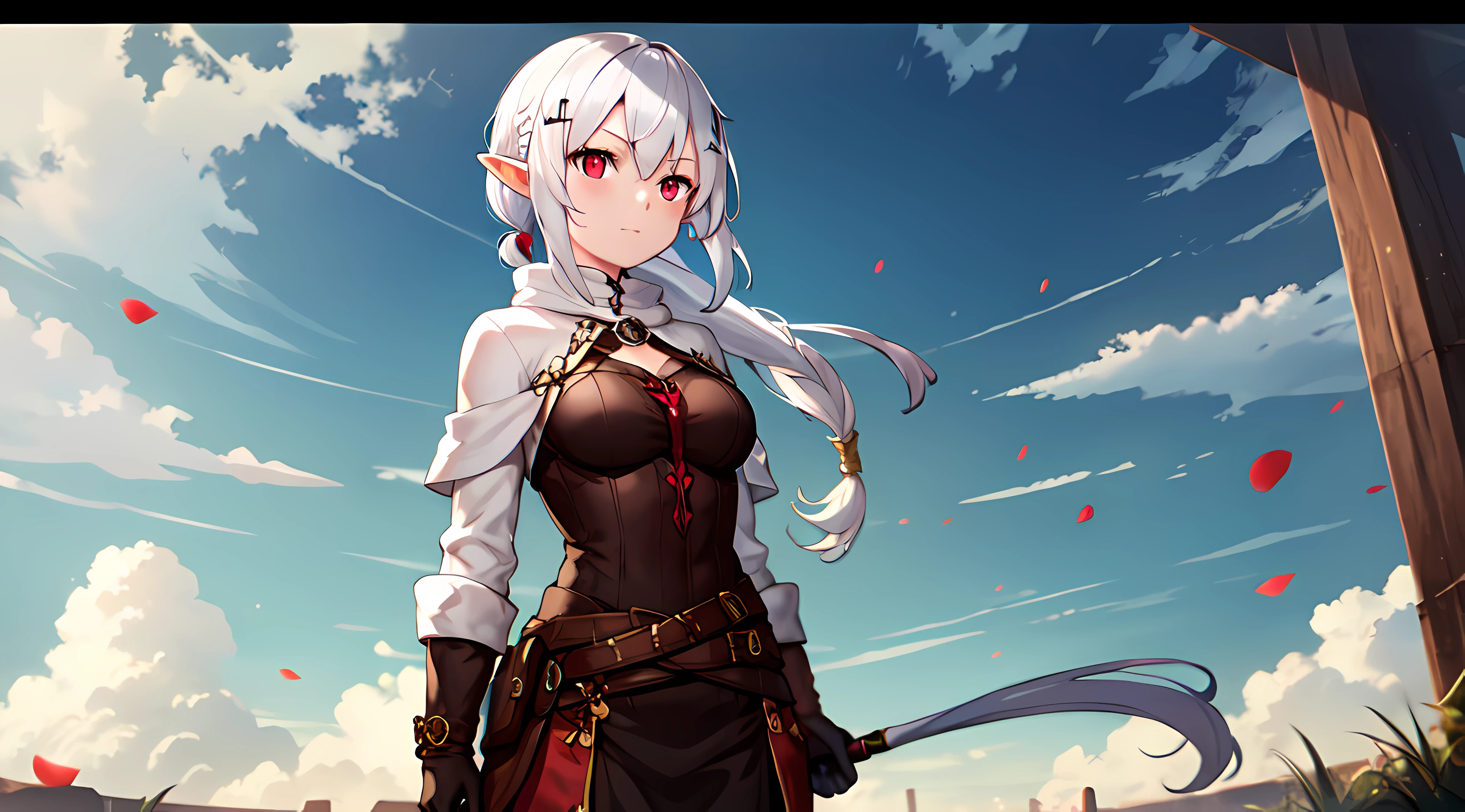 one girl, white hair, yellow eye, elf, medium breast, long ponytail hairstyle, adventure theme, standing looking behind