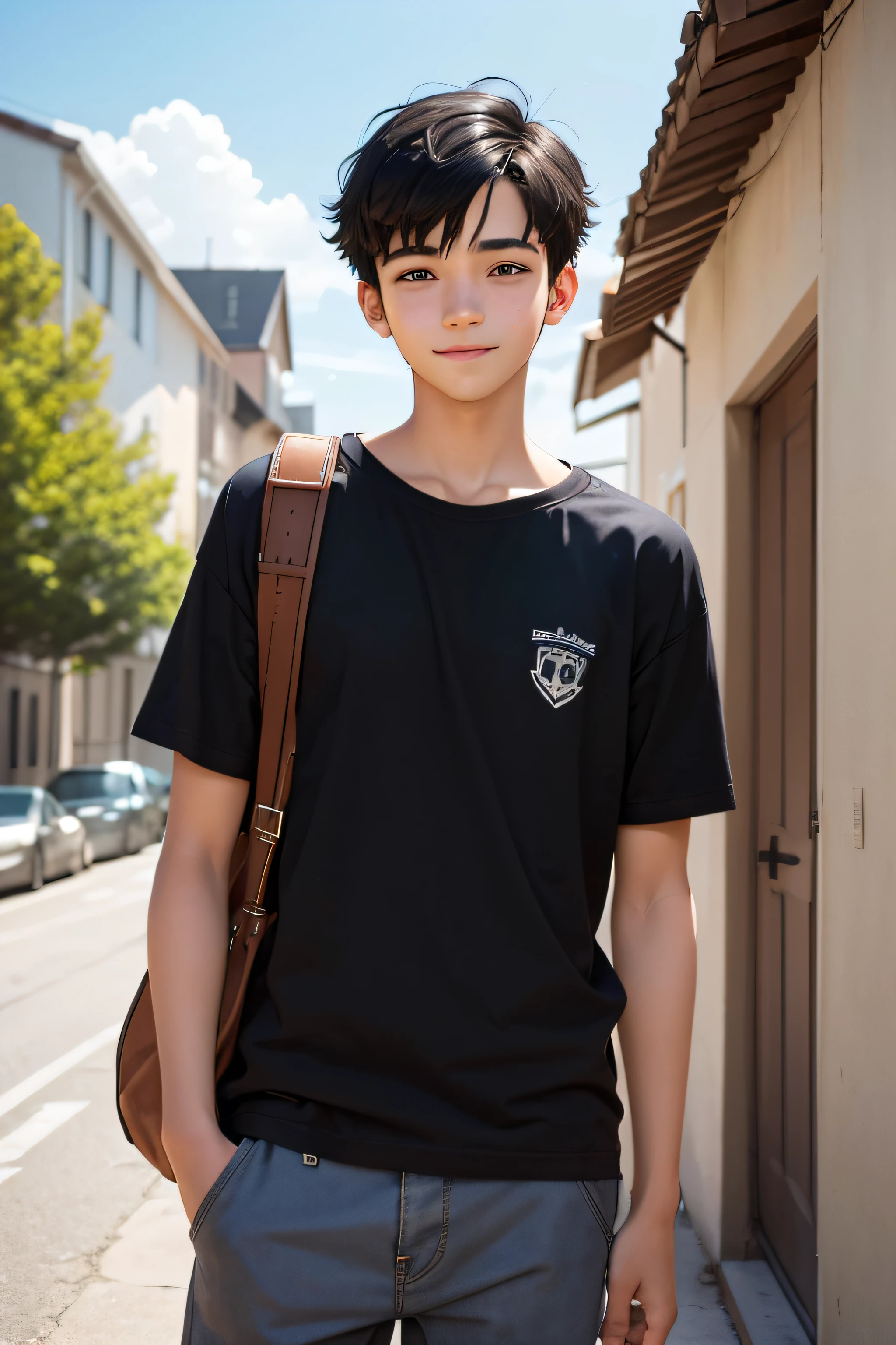 image of a 16 year old boy, with a curious expression, in an open and sunny environment, black hair, short hair, smile