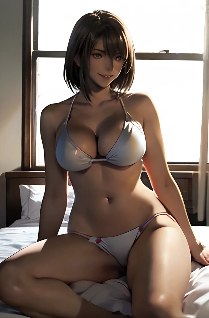 (Best Quality,8K,hight resolution,masutepiece:1.2),Realistic,Realistic design,Huge、Tiny white bikini、T back、Ultra-detailed,Female,Beautiful detailed smile,Short haircut,[Real Skin],Bedroom,Erotic,Realistic Poses,Spread legs,Large breasts,hairy,Areola,,genitals,Erogas,Summer Beach,Your data,Graceful,Palm tree background,model poses,Soft lighting,Vivid colors,Bokeh,Immaculate skin,Shiny hair,curved body,Smooth texture,artistic composition,high fashion,trust,enticing,thin waist,Teasing expressions,Mischievous smile,We will do our best to provide high quality and stable diffuse prompts for modeling.