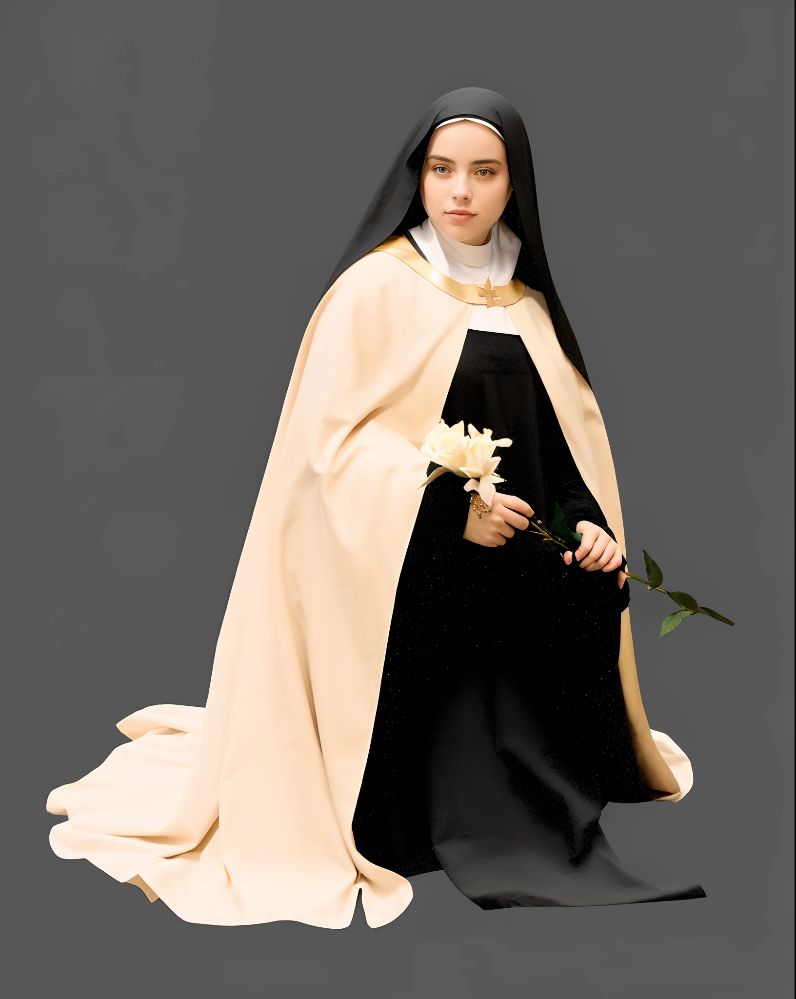 There is a woman dressed in a nun's costume holding a rose, Bem Modelo de Moda, majestosa mulher de santo, agora, inspirado em Francisco de Burgos Mantilla, inspirado em Josefina Tanganelli Plana, Madre Teresa, pintado digitalmente, Bem Enxoval, Retrato N - 9, inspirado em Modest Urgell, Billie Eilish como freira, uma foto colorida, santo, (Foto RAW, real, melhor qualidade, obra-prima: 1.2), (Hiper realista, realista: 1.2), alta qualidade, (dark ilumination: 1.2), perfect lighting, 4k