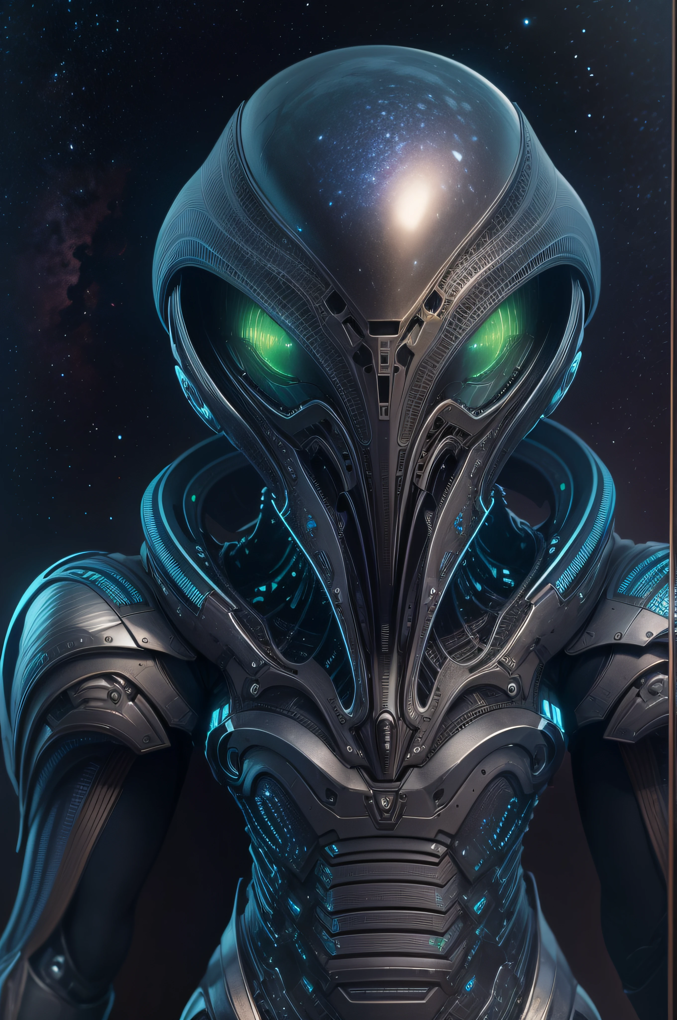 alien, Front view, altamente detalhado, Futuristic, armadura e design muito original, luzes ultravioletas de cima, Lasers