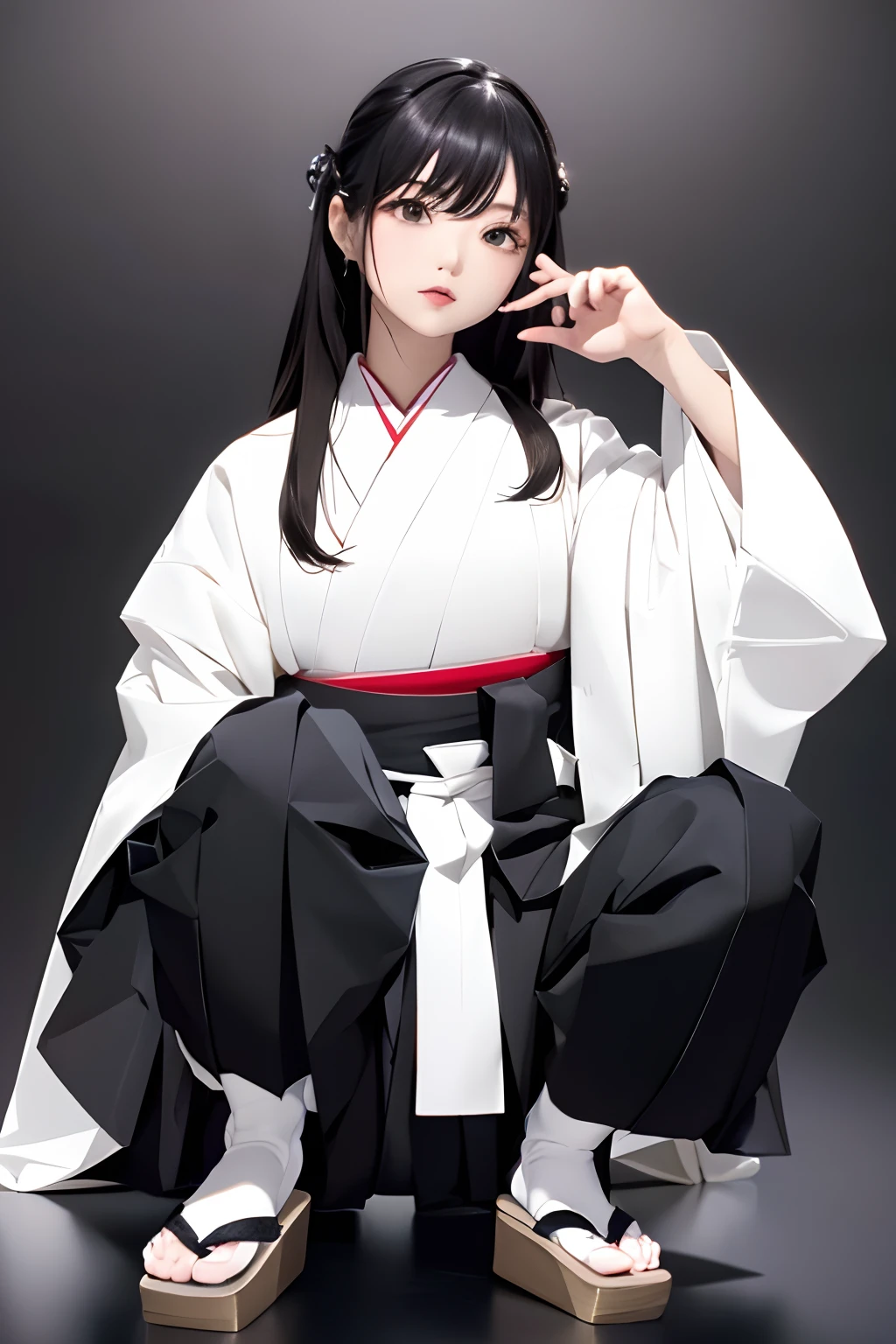 hightquality、masterpiece、(((1 girl in:1.25)))、Solo、((Black background:1.1))、Black background、Full Body Angle、8 Head Body、(((White jacket and black hakama:1.3)))、Hakama、Dignified appearance、Standing、Golden Platform Sandals、golden sandals、black backgrounds、A dark-haired:1.5、Brown eyes、red-lips、white clothes、Black and white world、Black and white world、light skinned、Long straight hair、Silky black hair、Photorealistic, Highly detailed CG Unity 8k wallpaper, depth of fields, Cinematic Light, Lens Flare, Ray tracing、Black background、black backgrounds、dark backgrounds、A beautiful woman appears in total darkness、Jet black、Nero、darkness、Professional Photographer
