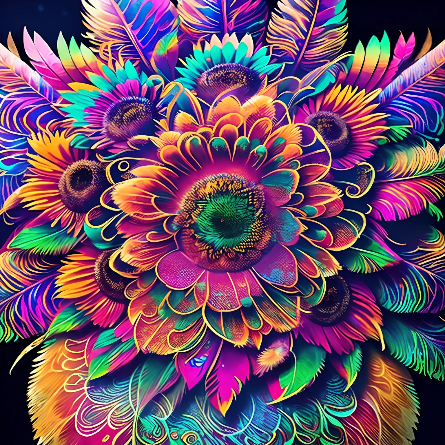 Riff Style 2 (masutepiece, of the highest quality, Best Quality, Official art, Beautiful and aesthetic:1.2), (1 sunflower:1.3), Extremely detailed,(Fractal Art:1.1),(Colorful:1.1)(Flowers:1.3),highest details,(Zentangle:1.2), (Dynamic Pose), (Abstract background:1.3), (Shiny skin), (Many colors:1.4), ,(earrings), (Feathers:1.5),unmanned
