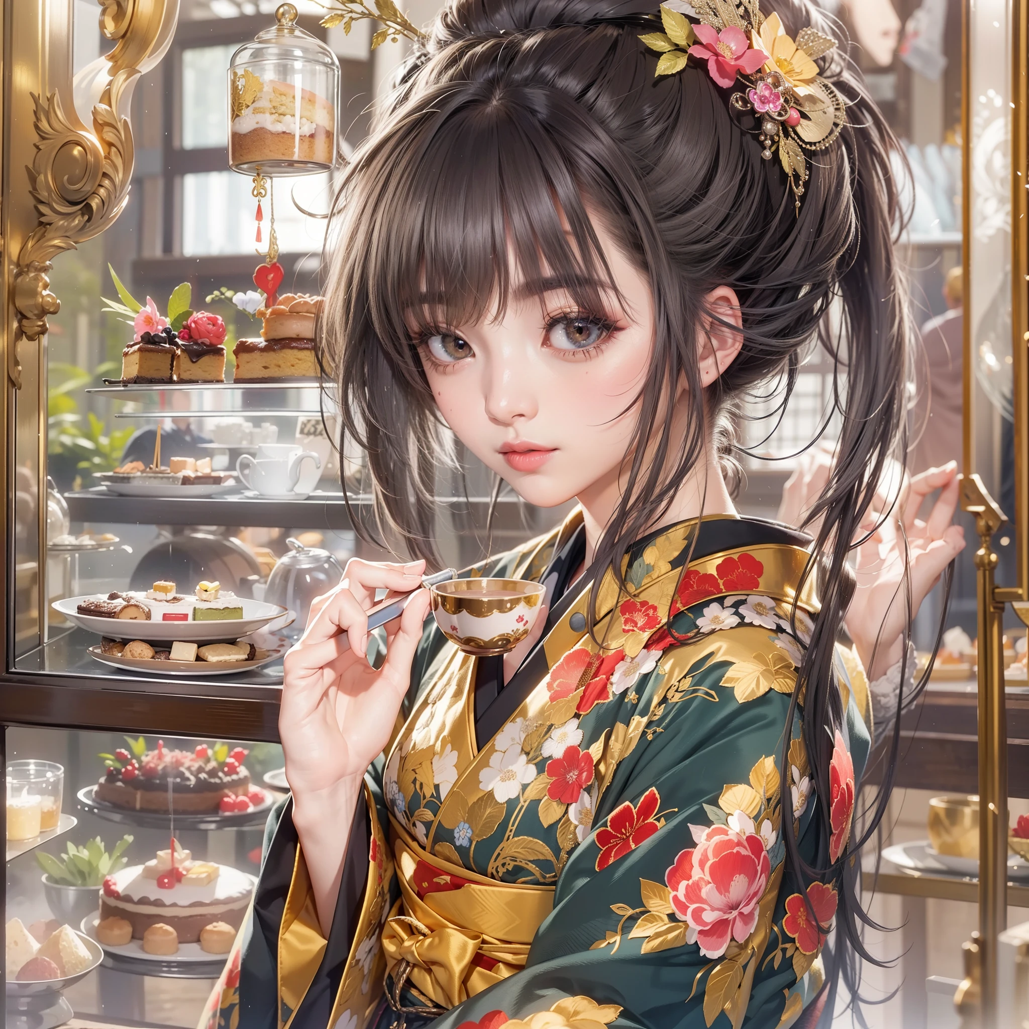 Detailed background(tea shop(The cityscape of Kyoto seen outside the window)),Placed on the table(a cake),BREAK,Put it in your mouth(a cake),BREAK,elaborate costume{Luxury kimono(Colorful kimono(Detailed golden embroidery,))}、(Japanese Idol(actress):1.2)(face perfect:1.2),Depicting a beautiful and classy adult woman。glossy dark hair(poneyTail),Heart in the eye。 Wallpapers 16K, .Blur the background with a sickle,((masutepiece)), ((Best Quality)),{{a portrait photo of}},full body Esbian、Faraway view