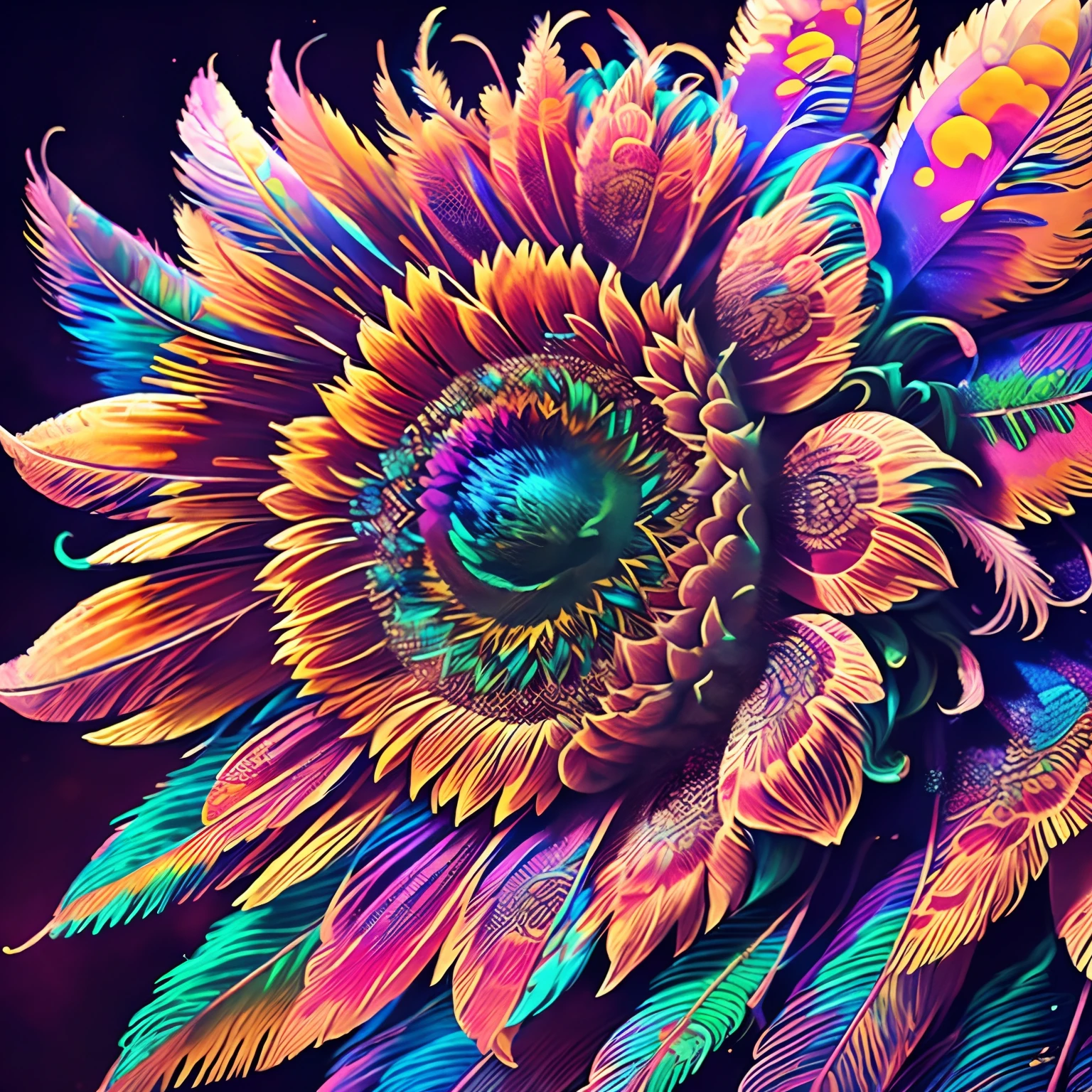 Riff Style 2 (masutepiece, of the highest quality, Best Quality, Official art, Beautiful and aesthetic:1.2), (1 sunflower:1.3), Extremely detailed,(Fractal Art:1.1),(Colorful:1.1)(Flowers:1.3),highest details,(Zentangle:1.2), (Dynamic Pose), (Abstract background:1.3), (Shiny skin), (Many colors:1.4), ,(earrings), (Feathers:1.5),unmanned