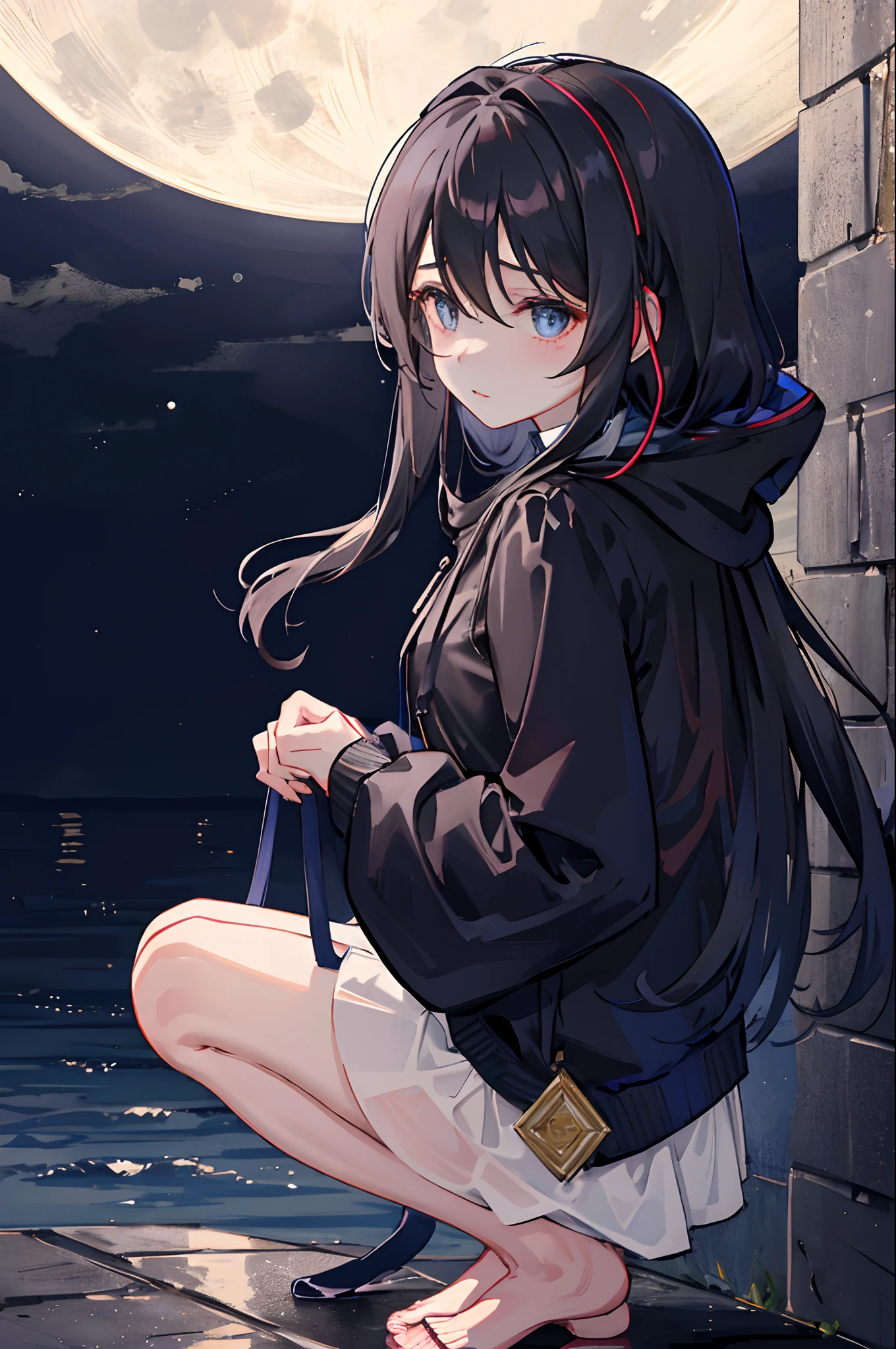 (masuter piece、side lights、ultra-detailliert、inely detailed beautiful eyes: 1.2)、1girl in、bags、buliding、From Side、headphones、hoods、Hood down、hooded jacket、parka、jaket、long、Black hair、profile、A dark-haired、独奏、​masterpiece、top-quality、natta、nighttime scene、a moon、stele