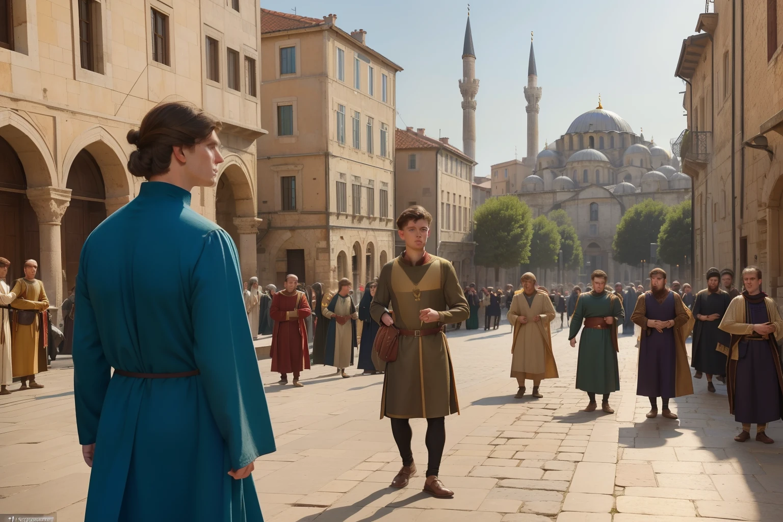 Year: 11th century. Location: Constantinople. Pre-raphaelite scene with a 21-year-old english man, looking in awe the wonders of the modern busy city, city square, tiny people in the distance, ((((11th century plain tunic)))) ((11th century hairstyle)), (((cinematic style)))