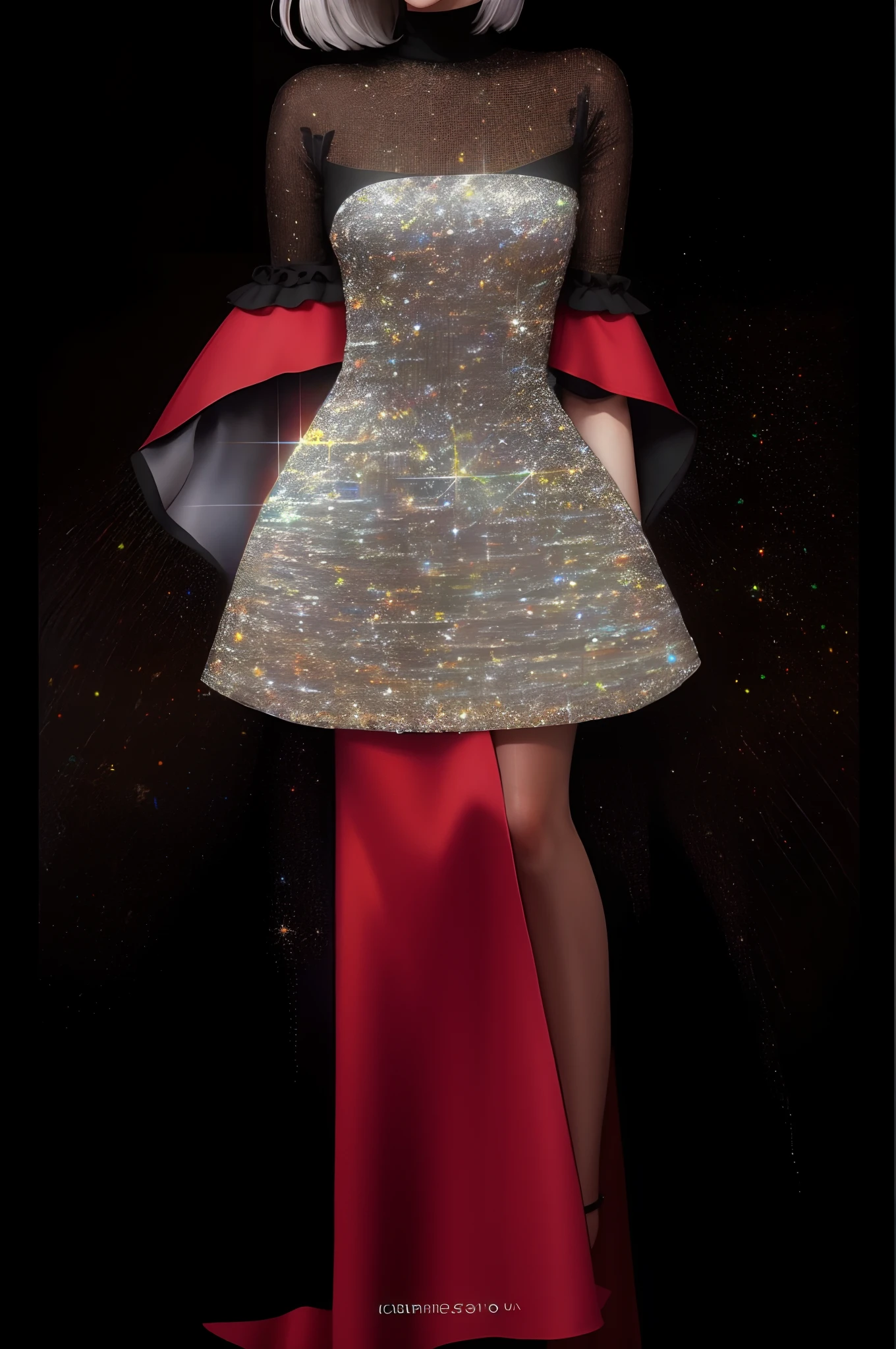 um close up de um vestido em um suporte com um fundo preto, vestido de glitter, usando um vestido cintilante, inspirado em Dimitre Manassiev Mehandjiysky, vestido prateado extravagante, vestido cintilante de diamante, acentos de glitter na figura, cintilante, Brilhando, Mercury dress, vestido detalhado e rosto, Phtoto em tons de cinza com vestido vermelho, brilho, Brilhante