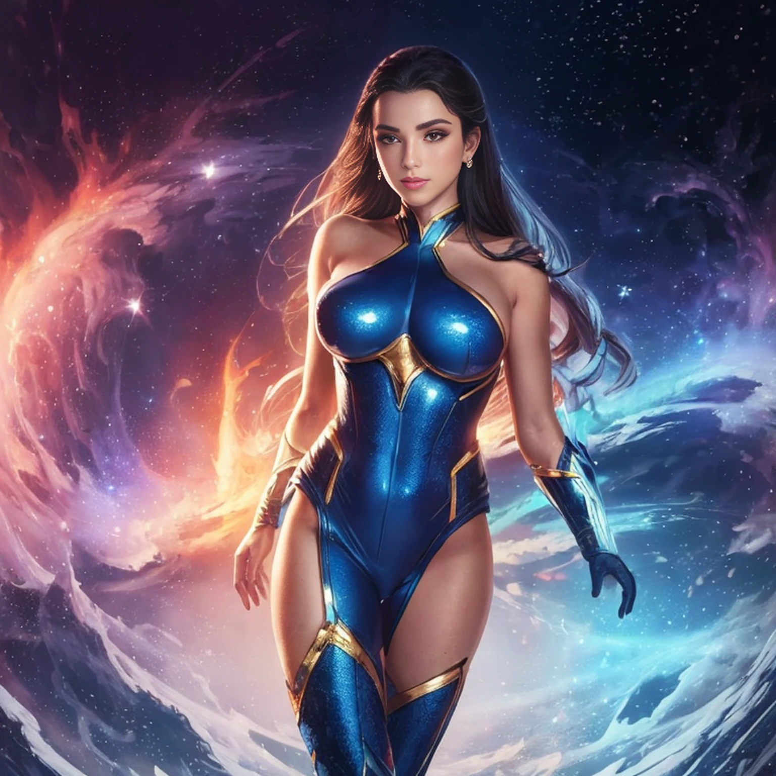 Uma mulher em uma fantasia cosplay de super-homem, com um comportamento sensual e ????, He captures attention with his seductive gaze and flirtatious smile. Seu figurino detalhado exibe designs intrincados e cores vibrantes, Reminiscent of a high-quality Artstation illustration. The woman's flawless skin and perfectly combed hair exude a sense of glamour and elegance. The image is captured with a smooth and continuous finish, highlighting every intricate detail with sharp focus. The resolution is set at an impressive 8K, ensuring breathtaking clarity and realism. The lighting accentuates the woman's features, casting soft shadows that add depth to the overall composition. The color palette is bold and vibrant, com uma mistura de vermelho vibrante, azul, e tons amarelos, much like the iconic Superman costume. Geral, This work of art is a masterpiece of seductive allure and impeccable attention to detail, mostrando a beleza cativante da mulher de uma maneira altamente realista e visualmente deslumbrante.