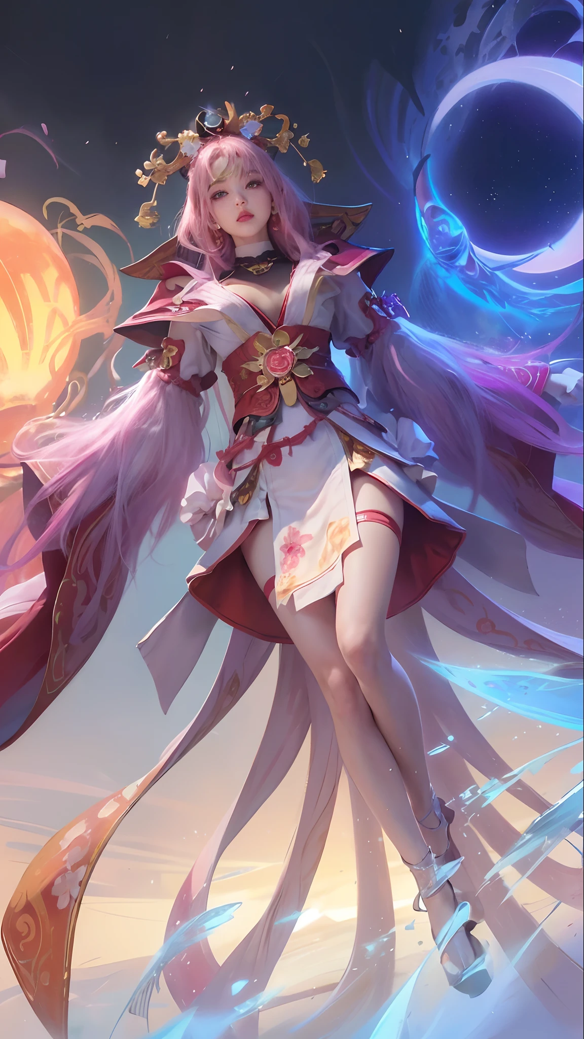 (Masterpiece, Excellent, 1girl, solo, complex details, color difference), realism, ((medium breath)), off-the-shoulders, big breasts, sexy, Yae Miko, long pink hair, red headdress, red highlight, hair above one eye, green eyes, earrings, sharp eyes, perfectly symmetrical figure, choker, neon shirt, open jacket, turtleneck sweater, against the wall, brick wall, graffiti, dim lighting, alley, looking at the audience, ((mean, seductive, charming)), ((cherry blossom background ))),((Japanese temple background)))), (((Glow-in-the-dark background)))