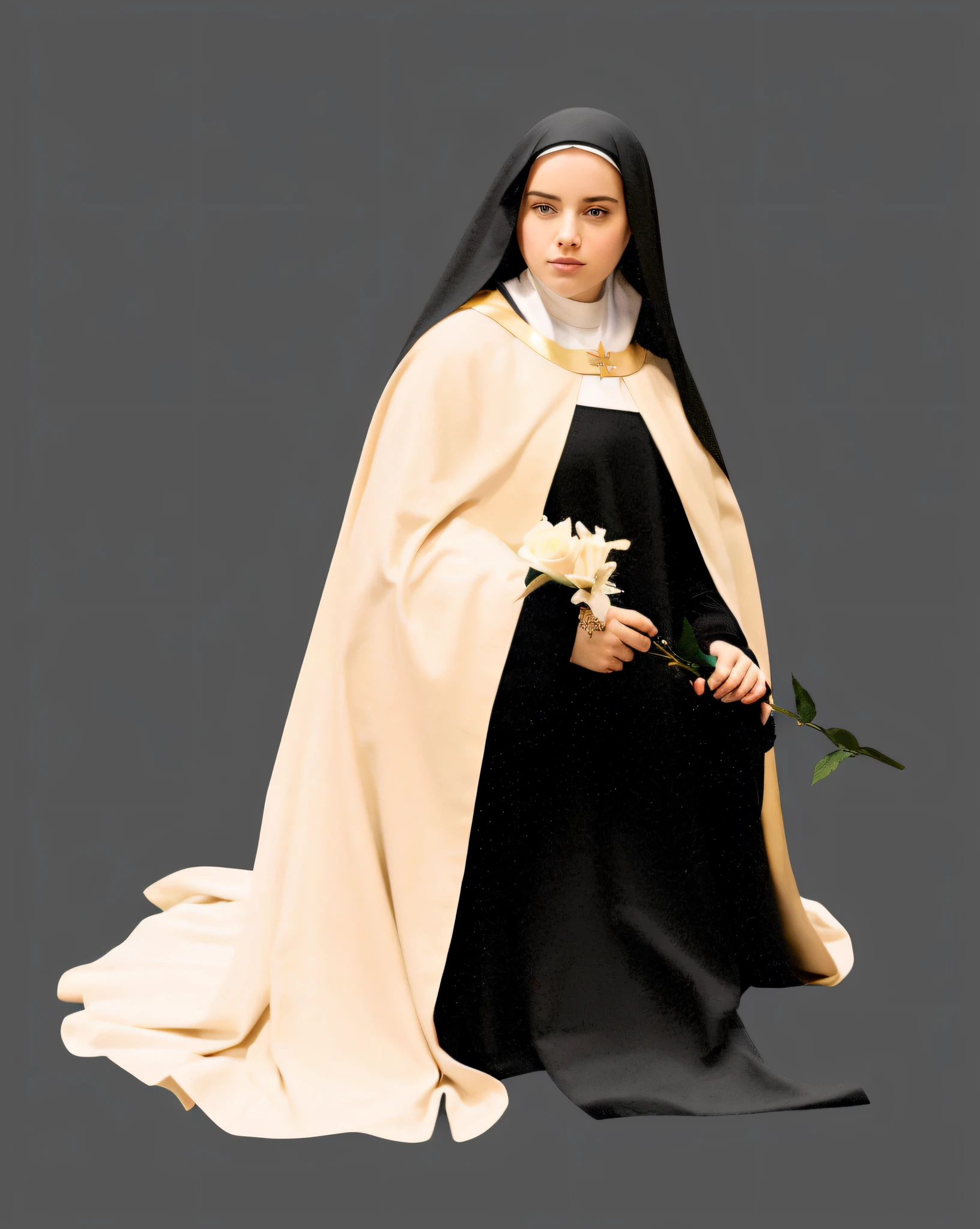 There is a woman dressed in a nun's costume holding a rose, Bem Modelo de Moda, majestosa mulher de santo, agora, inspirado em Francisco de Burgos Mantilla, inspirado em Josefina Tanganelli Plana, Madre Teresa, pintado digitalmente, Bem Enxoval, Retrato N - 9, inspirado em Modest Urgell, Billie Eilish como freira, uma foto colorida, santo, (Foto RAW, real, melhor qualidade, obra-prima: 1.2), (Hiper realista, realista: 1.2), alta qualidade, (dark ilumination: 1.2), perfect lighting, 4k