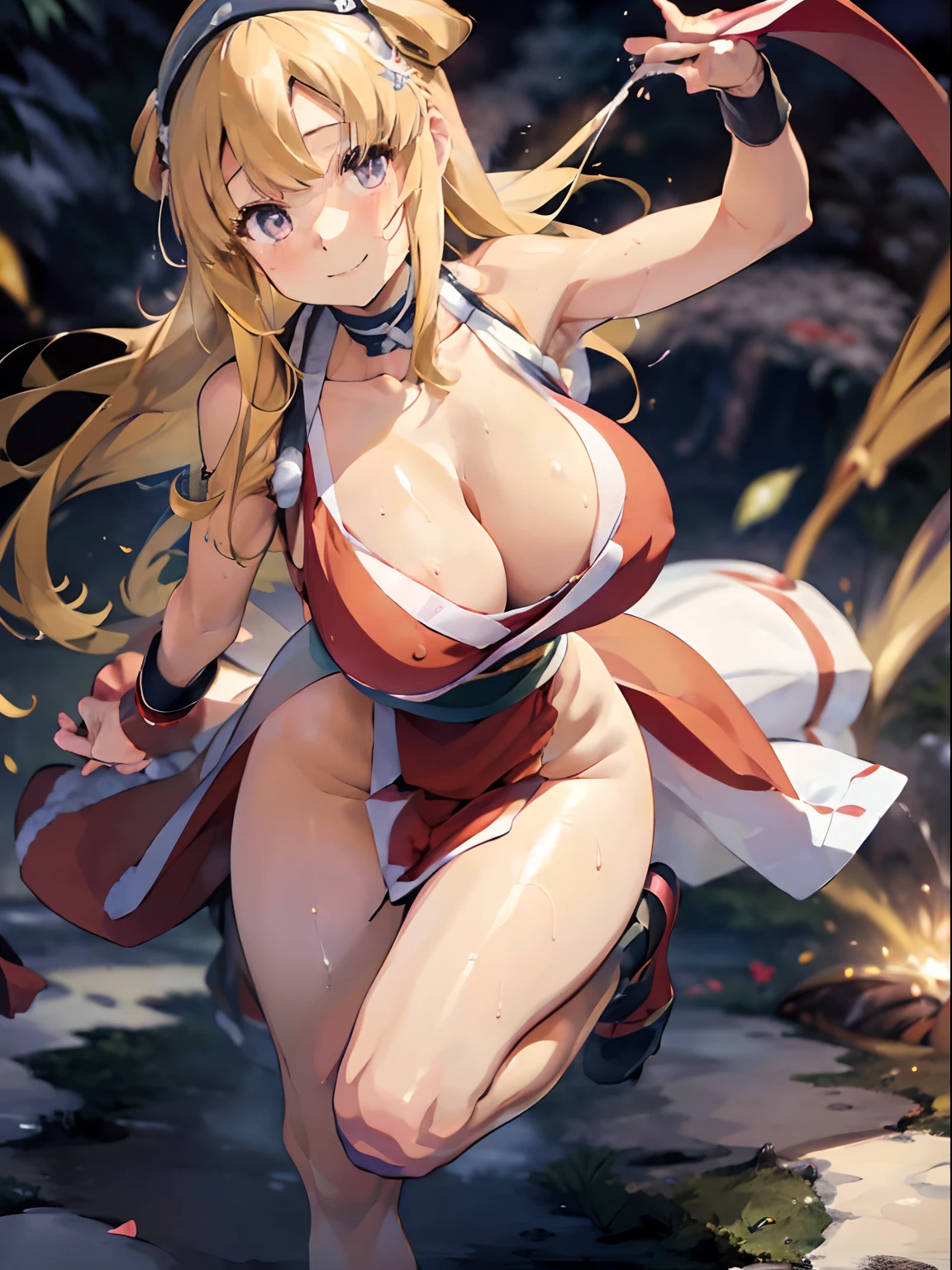 (masterpiece:1.1), (best quality:1.2), (ultra high res:1.2), 16k,super fine illustration, soft lighting, (((nsfw))), One Cute Girl, ((Fletcher)), (gold hair), (long hair), , cute, kawaii, lori, little, petite, gyaru, (large areolae), beautiful face, beautiful hair, ((((saggy huge breasts))))), (hanging breasts),(breasts apart), (((lovely eyes))), ((shiny body)),(((slim body))), beautiful skin, (((very humid sweaty))), (((shiny skin))) ,(((cute smile, happy))), Hyper realistic, Perfect Anatomy, ((((full body)))), (((dynamic pose))), (((dynamic angle))), ((((((kunoichi dress)))))), ((hanging breasts)), (((breasts apart))), (big ass), ((((open claus)))),