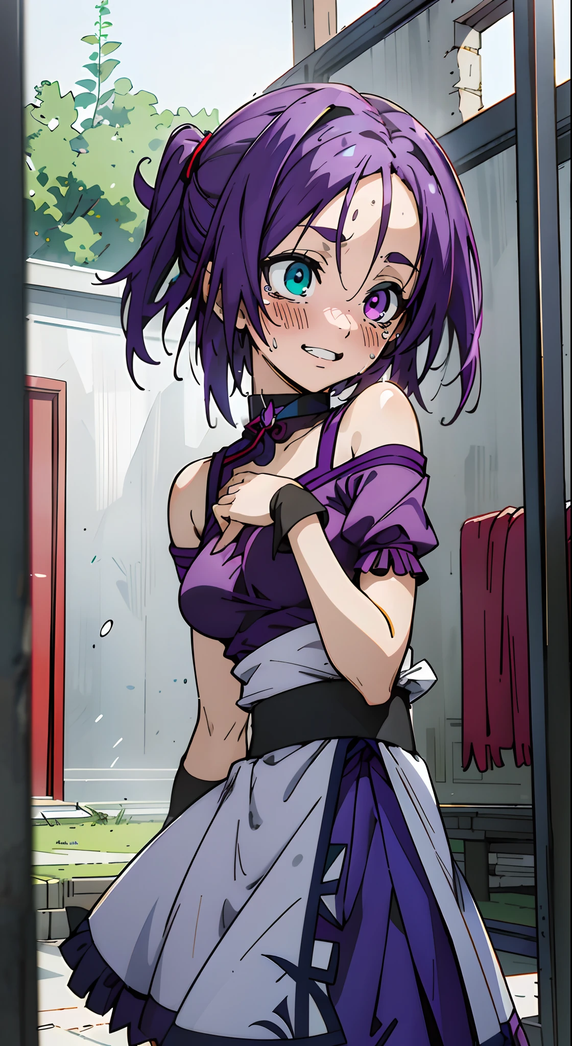 A girl with rosy cheeks, blushing, alone, sharp face, heterochromia, teal green eyes, eyes with a touch of purple, wearing a choker, a black choker, tears, crying face, a cheerful expression, an opened mouth. (best quality,4k,8k,highres,masterpiece:1.2),ultra-detailed,(realistic,photorealistic,photo-realistic:1.37), HDR, studio lighting, vivid colors.