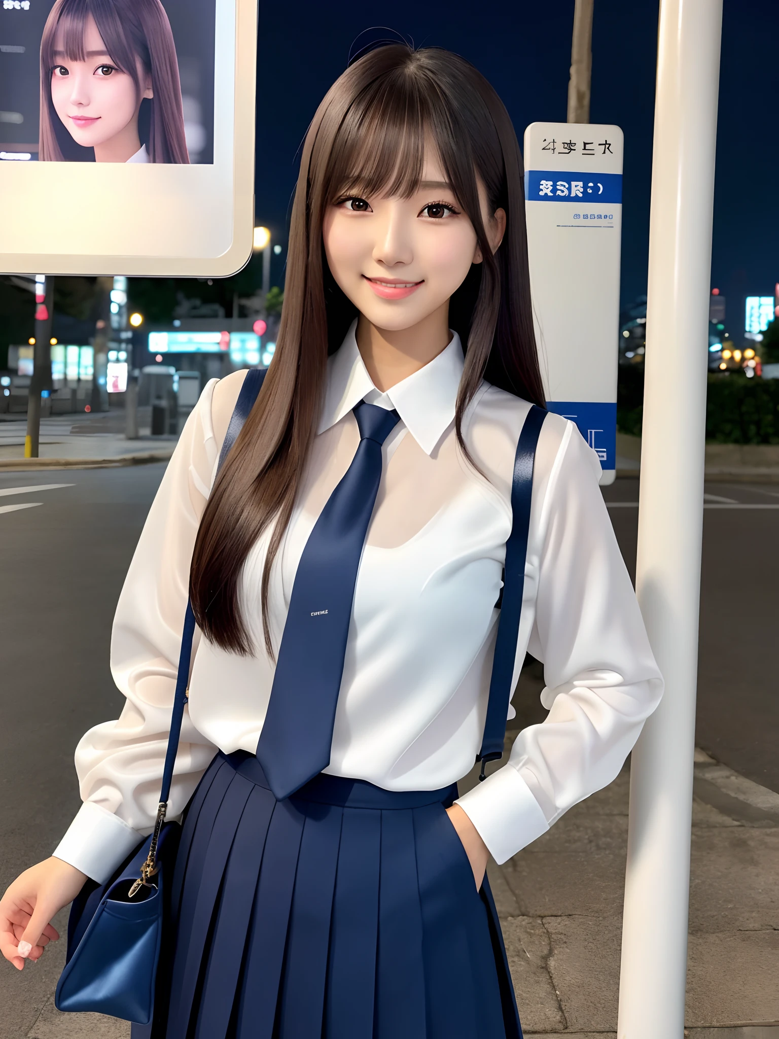 product quality, 1girl, upper body shot, front view, a Japanese young pretty woman, long bob hair, standing by a bus stop with a big smile in the night, beautiful night view, glamorous figure, wearing a long sleeves white collared silky satin shirt with shiny satin dark blue plain tie, wearing a dark blue pleated long skirt, carrying one tote bag over her shoulder, hyper cute face, glossy lips, double eyelids in both eyes, natural makeup, long eyelashes, shiny smooth light brown long bob hair, asymmetrical bangs, a tanned skin, central image, high resolution, high detail, detailed hairstyle, detailed face, spectacular cinematic lighting, octane rendering, vibrant, hyper realistic, perfect limbs, perfect anatomy