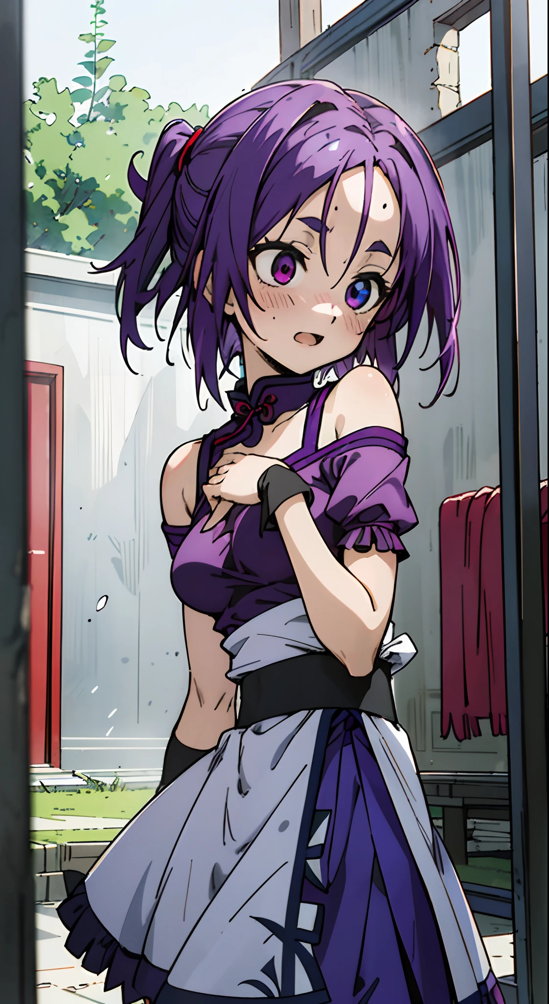 Masterpiece, Best quality, Ultra-detailed, Off-the-shoulder attire, Colorful,take up close, Hyper-detailing,purple color hair, reo mikage, bluelock, no sleeves, camisole, navy blue camisole, cheongsam, navy blue cheongsam, chinese clothes, chest exposure, underwear, frilly underwear, the kinky is exposed, collar, black collar, arm warmers, sexy breasts, scar, big breasts, opened mouth, red blush, 1girl, Solo, sharpy face, heterochromia, green eyes, purple eyes, Bare neck, happiness face, rays of sunshine, brautiful sky, shining sky, slum town
