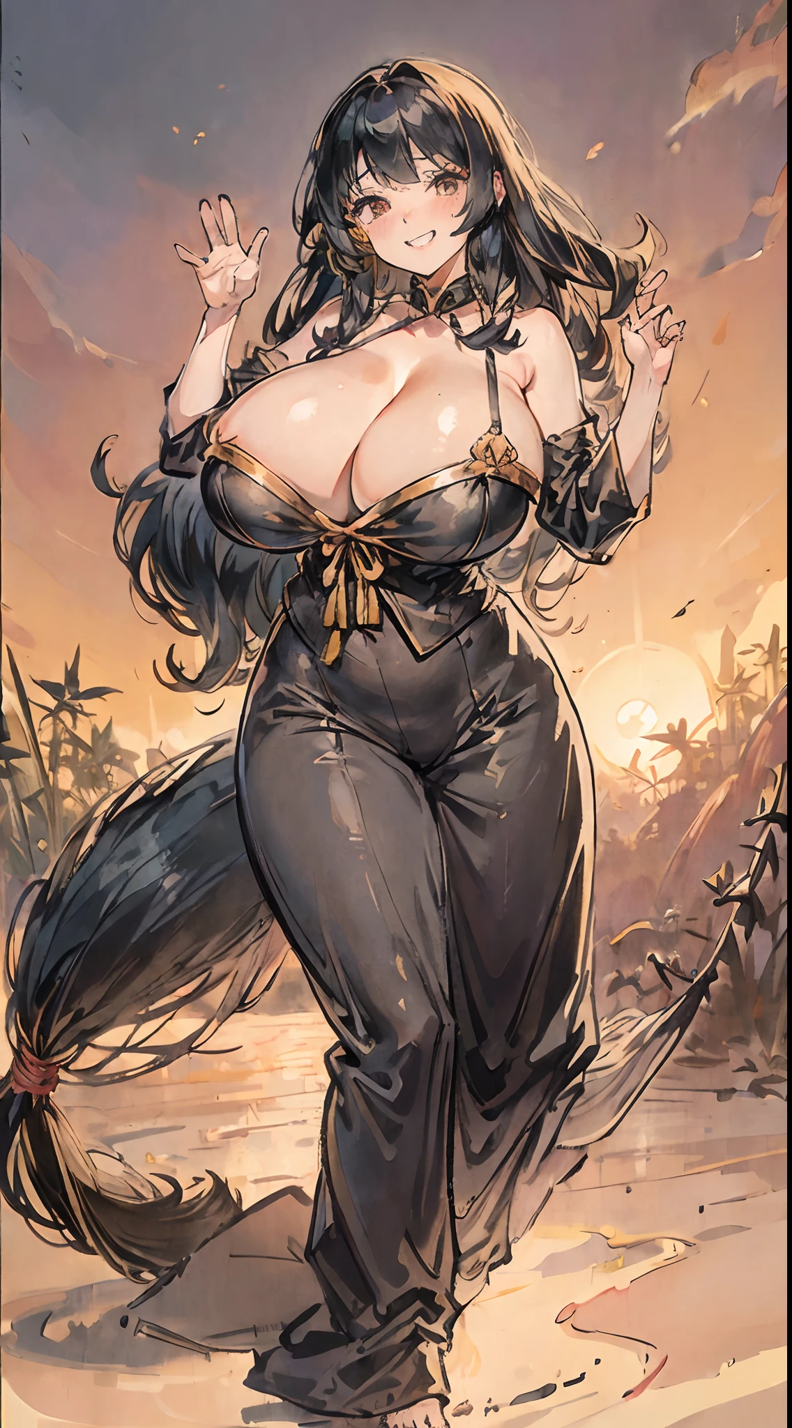 No shoes，(gigantic cleavage breasts:1.3)，black pantyhoses，golden curly hair,Hands up，Wave your hand，grin face，teardrop，the setting sun，bamboo forrest