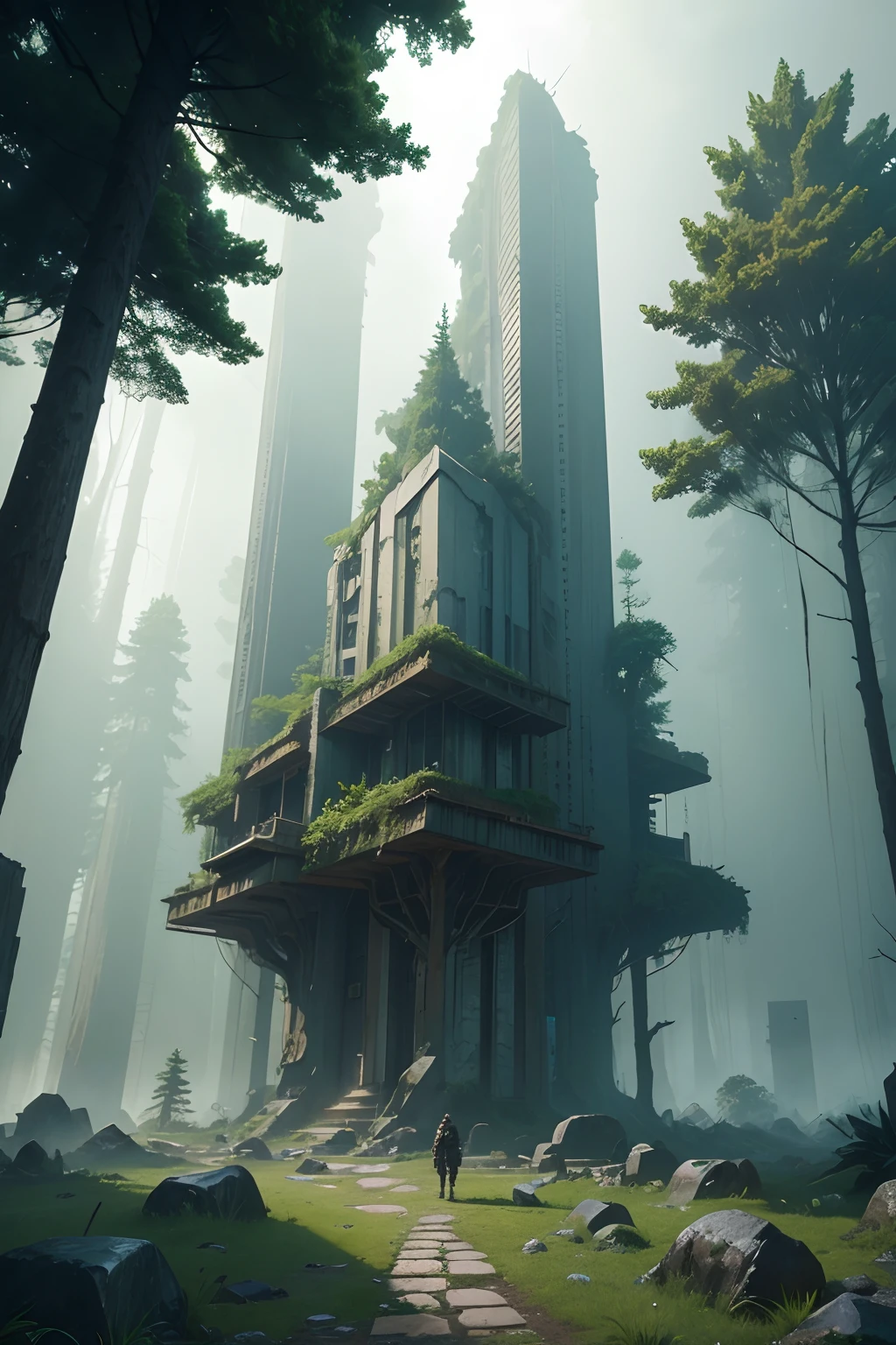 Cyberpunk, Broken, There are dense primeval forests，There are a lot of pictures of old house architecture, Cyberpunk, Broken, There are a lot of stones, Green lush forest background, Thick tree background, Large meadow, arena background, game background, Exaggerated forest background, Cartoon style