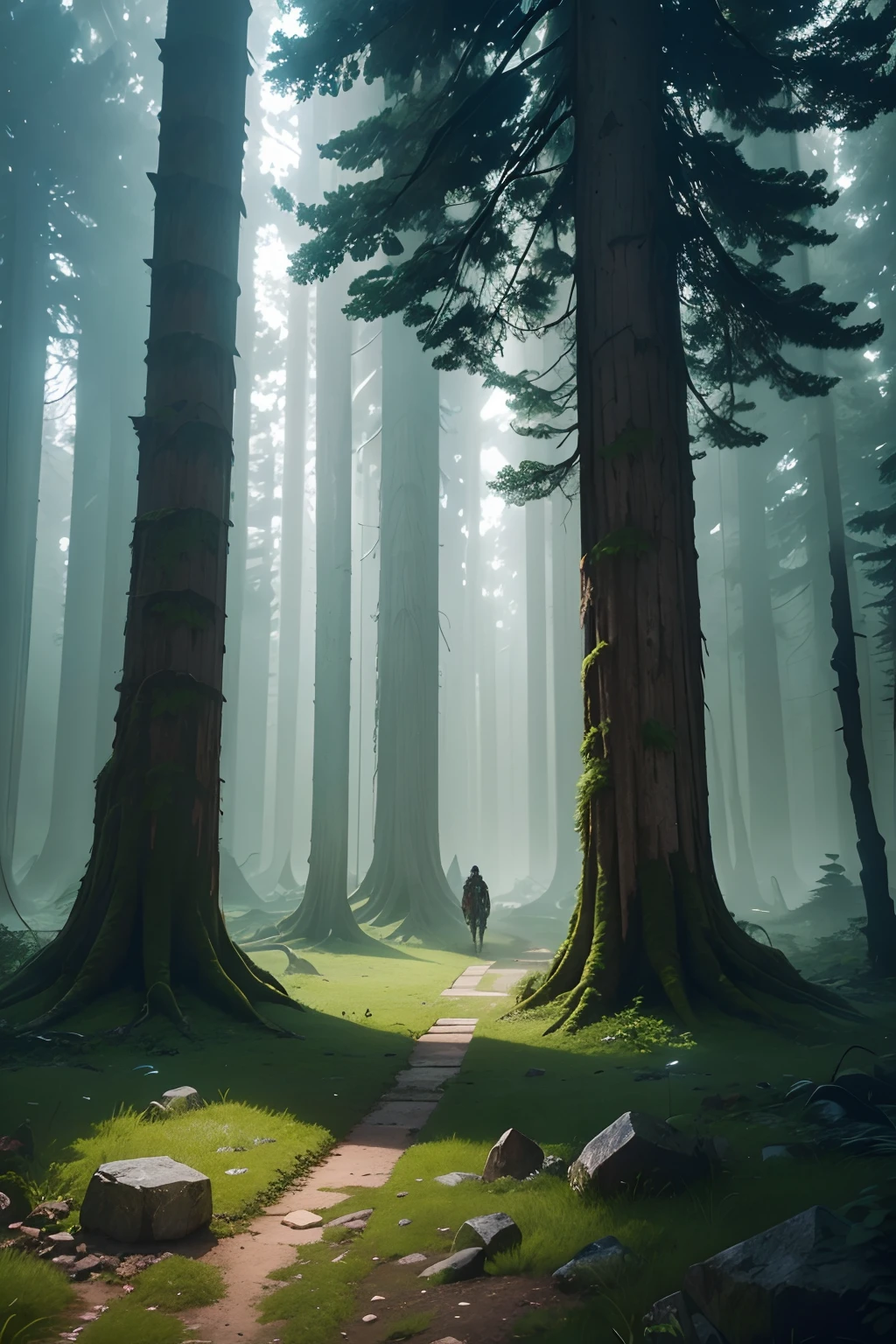 Cyberpunk, Broken, There are dense primeval forests,There are a lot of pictures of old house architecture, Cyberpunk, Broken, There are a lot of stones, Green lush forest background, Thick tree background, Large meadow, arena background, game background, Exaggerated forest background, Cartoon style